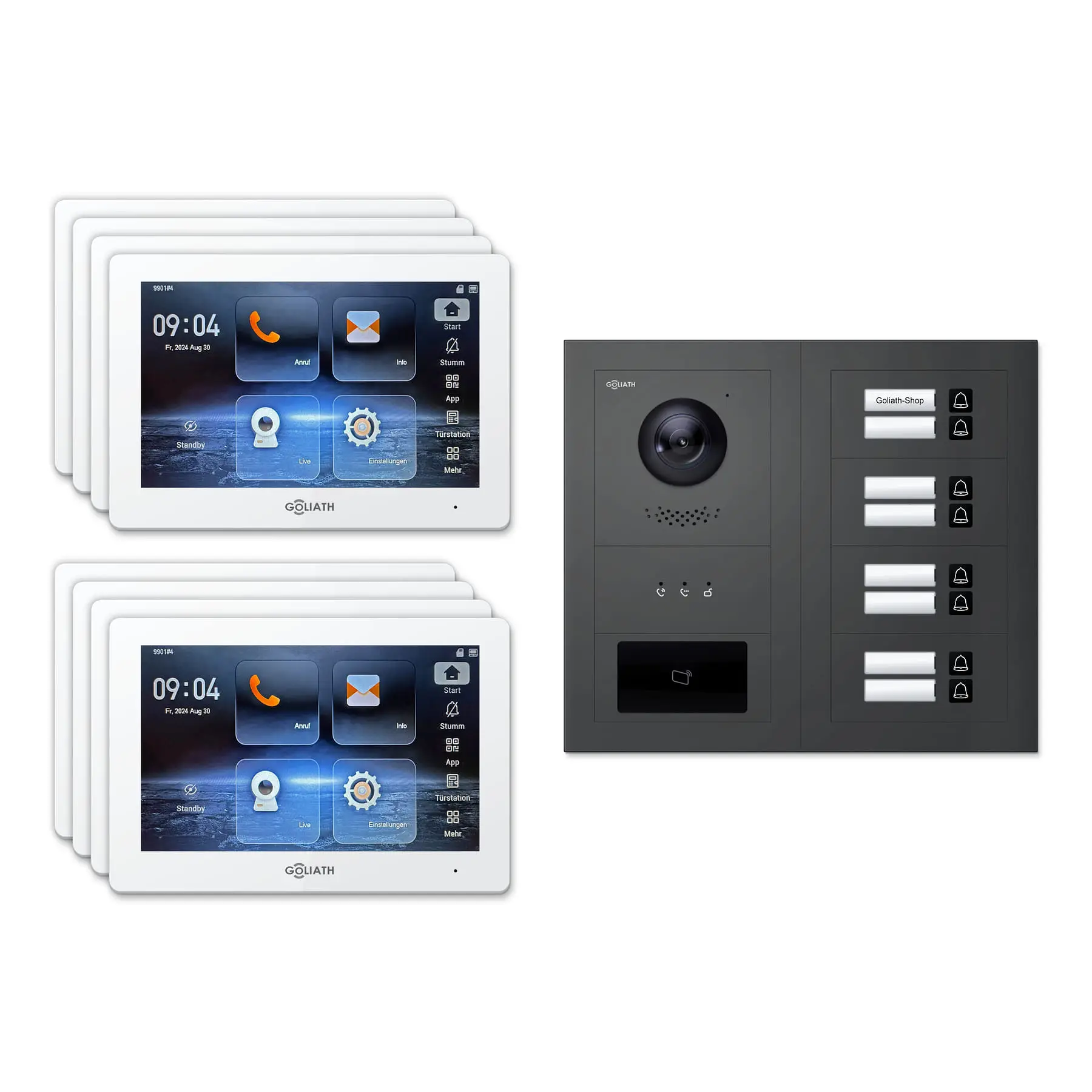 Goliath Türsprechanlage mit Kamera GL-HB810A für 8-Familienhaus: 8 Monitore mit 7 Zoll in Weiß, Außenstation in Anthrazit mit 8 Klingeltasten sowie Statusanzeige, RFID. Set für Unterputzmontage.