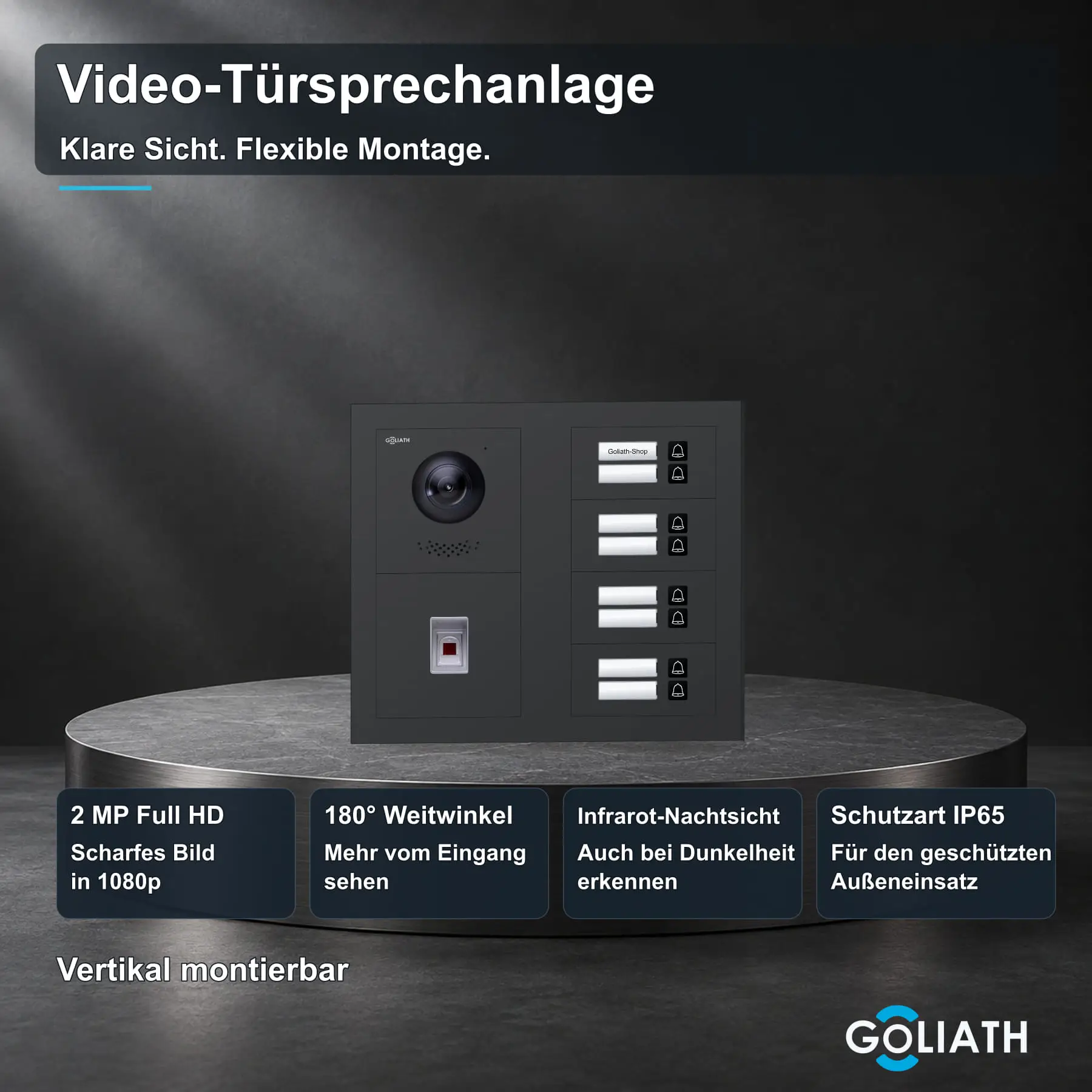 Goliath Premium-Line-Außenstation in Anthrazit mit Kamera, 8 Klingeltasten und Fingerprint-Modul. Zwei aufrechte Modulspalten nebeneinander auf Naturstein.
