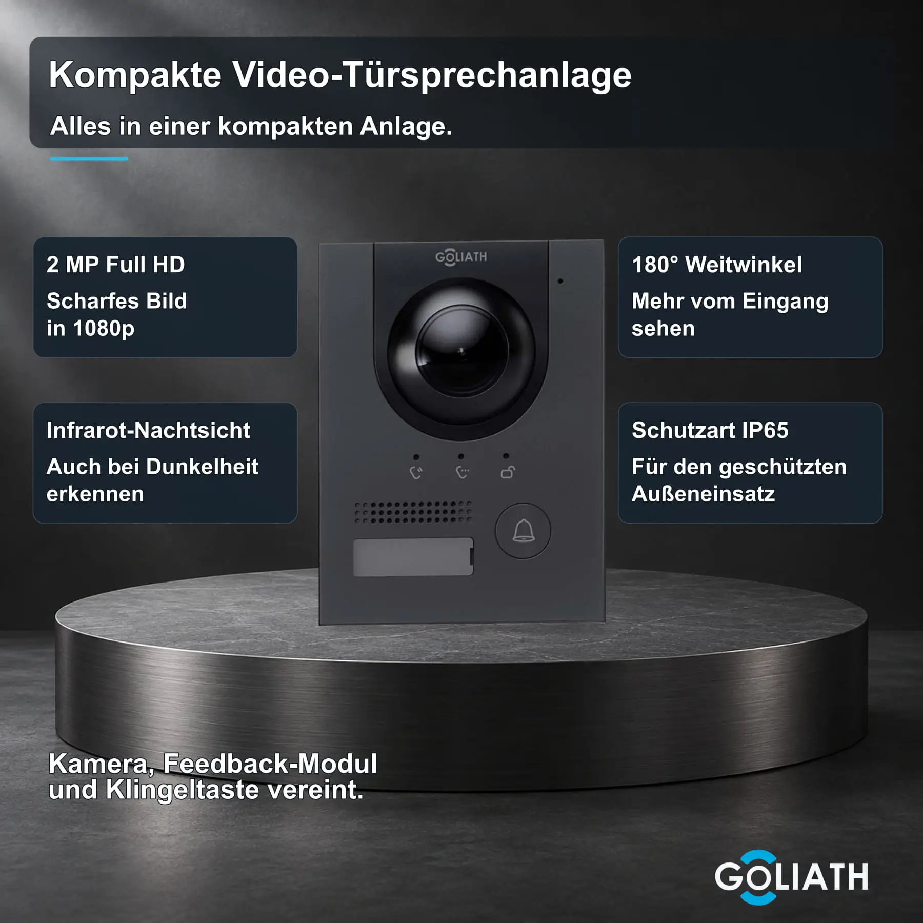 Goliath Kompakt-Line-Außenstation in Anthrazit mit einer Klingeltaste, 2-MP-Kamera, 180°-Weitwinkel, Infrarot-Nachtsicht und integrierter Feedback-Anzeige.
