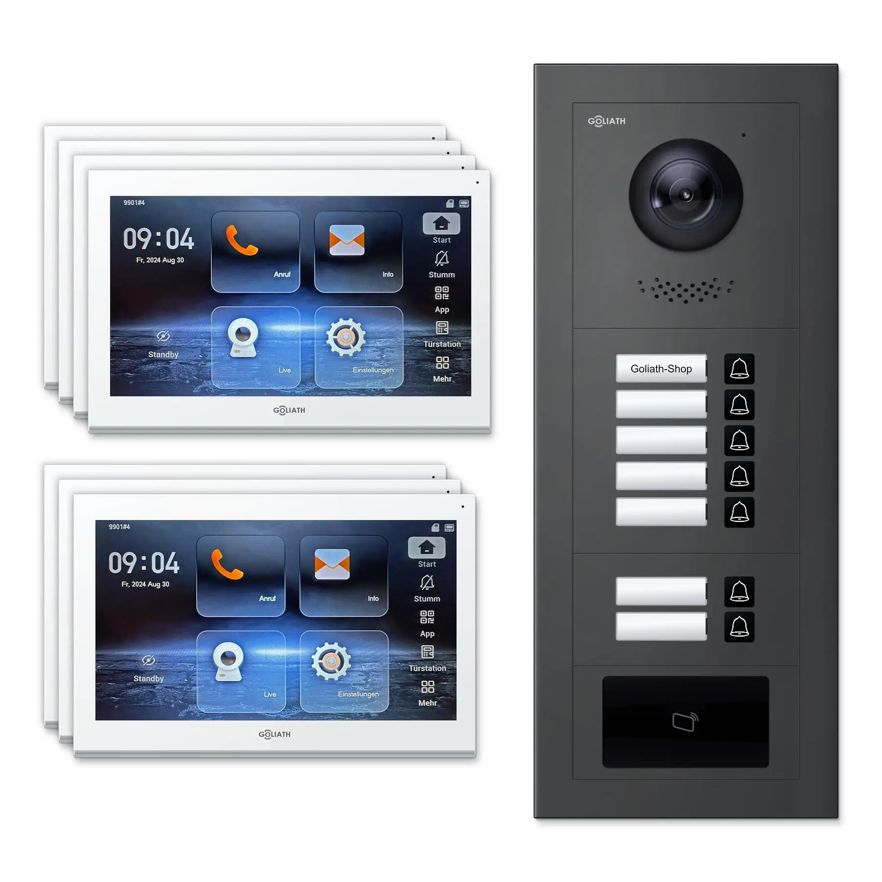 Goliath Video Türsprechanlage GL-IPH710A für 7-Familienhaus: 7 Monitore mit 10 Zoll in Weiß, Außenstation in Anthrazit mit 7 Klingeltasten sowie RFID. Set für Unterputzmontage.