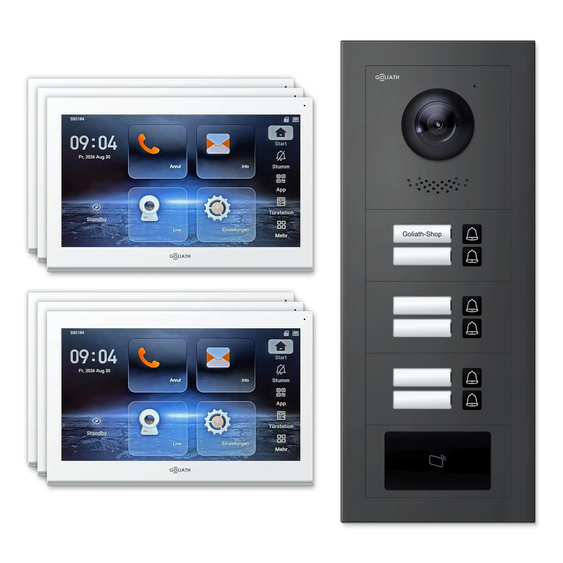 Goliath Video Türsprechanlage GL-IPH610A.1 für 6-Familienhaus: 6 Monitore mit 10 Zoll in Weiß, Außenstation in Anthrazit mit 6 Klingeltasten sowie RFID. Set für Aufputzmontage.