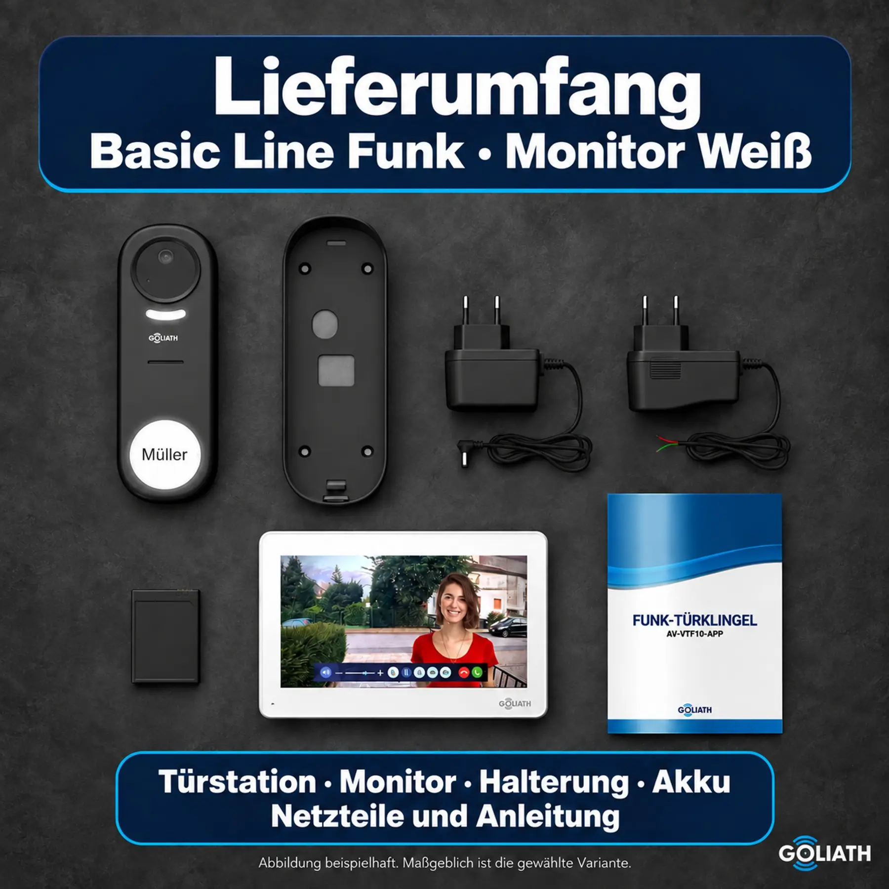 Basic Line Türklingel Funk – Lieferumfang mit Monitor Weiß, Abbildung beispielhaft