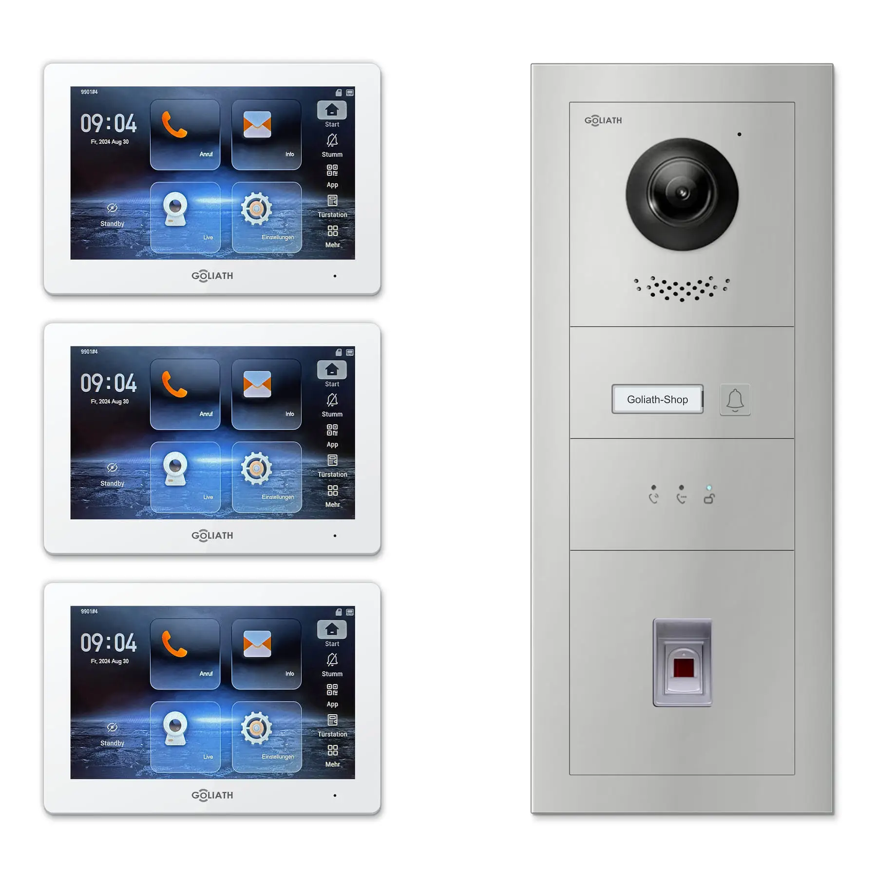 Goliath Türsprechanlage mit Kamera GL-HB132.1 für 1-Familienhaus: 3 Monitore mit 7 Zoll in Weiß, Außenstation in Silber mit 1 Klingeltaste sowie Statusanzeige, Fingerprint. Set für Aufputzmontage.
