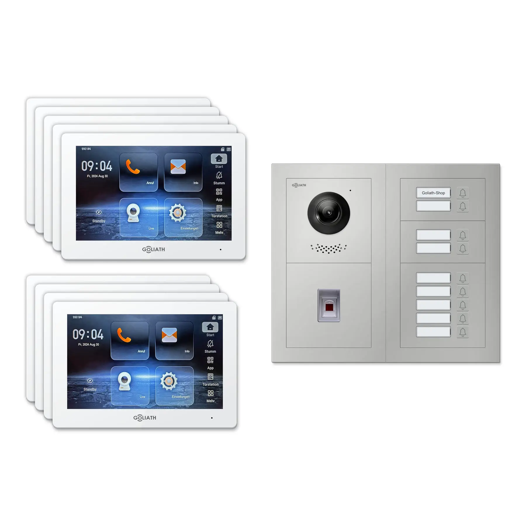 Goliath Video Türsprechanlage GL-IPH935 für 9-Familienhaus: 9 Monitore mit 7 Zoll in Weiß, Außenstation in Silber mit 9 Klingeltasten sowie Fingerprint. Set für Unterputzmontage.