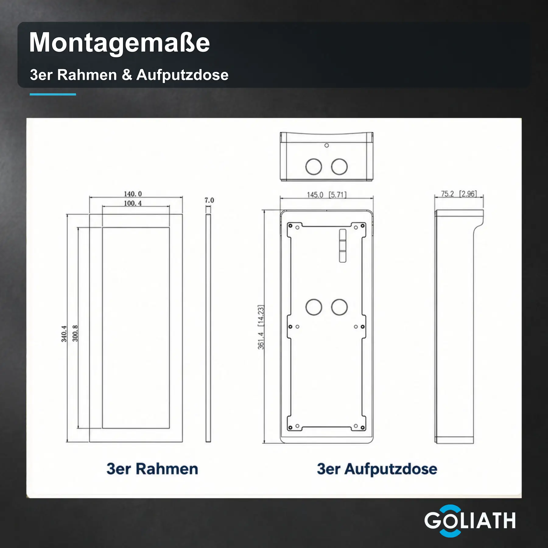Technische Zeichnung mit Abmessungen und Befestigungsabständen für 3er-Rahmen mit Aufputzgehäuse.