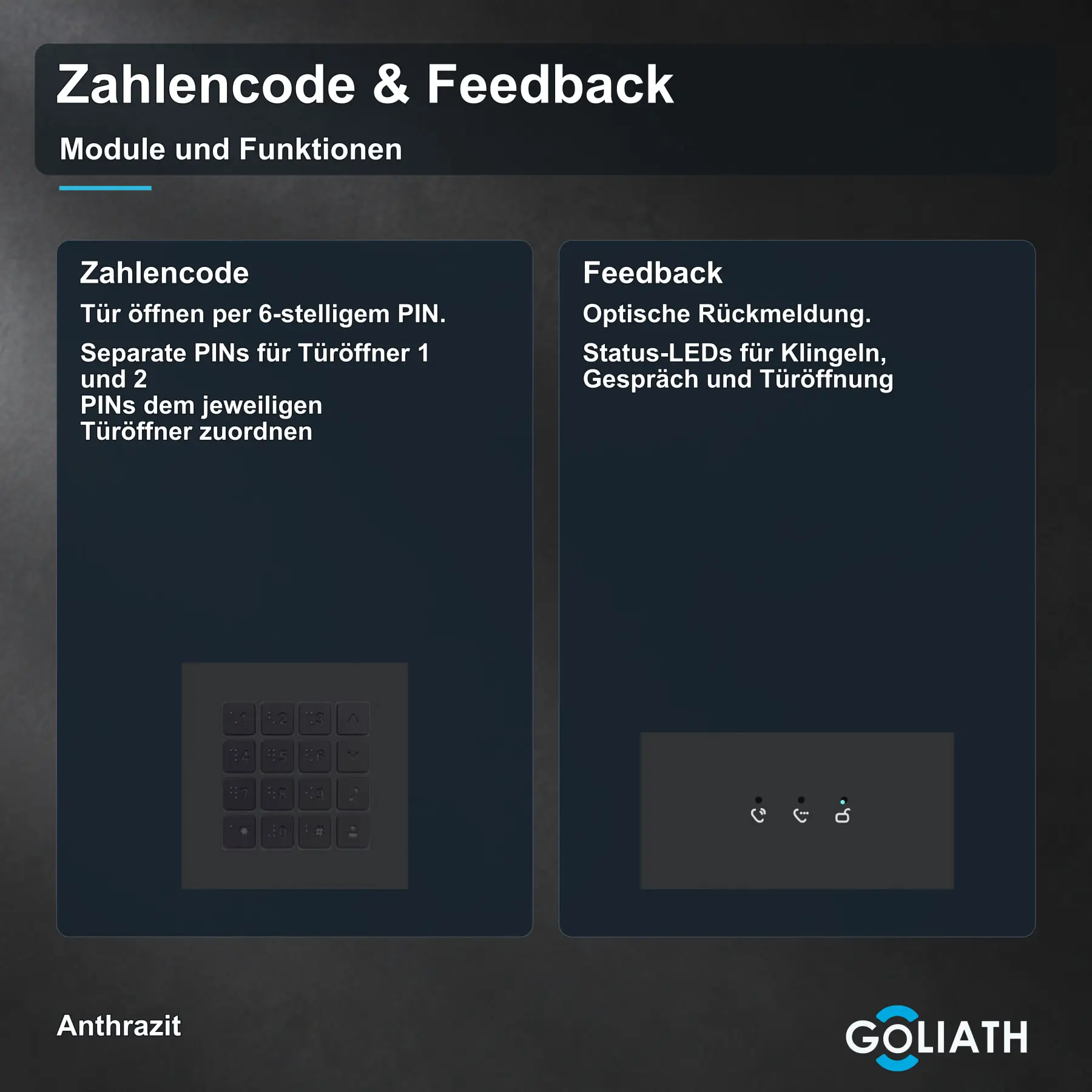 Zahlencode-Tastatur und Feedback-Anzeige für die Goliath Türsprechanlage in Anthrazit: Türöffnung per PIN und optische Rückmeldung zu Klingeln, Gespräch und Türöffnung.