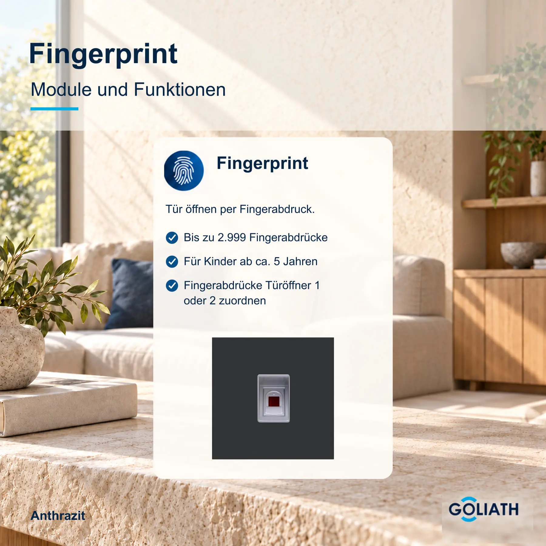 Fingerprint-Modul für die Goliath Türsprechanlage in Anthrazit: Türöffnung per Fingerabdruck.