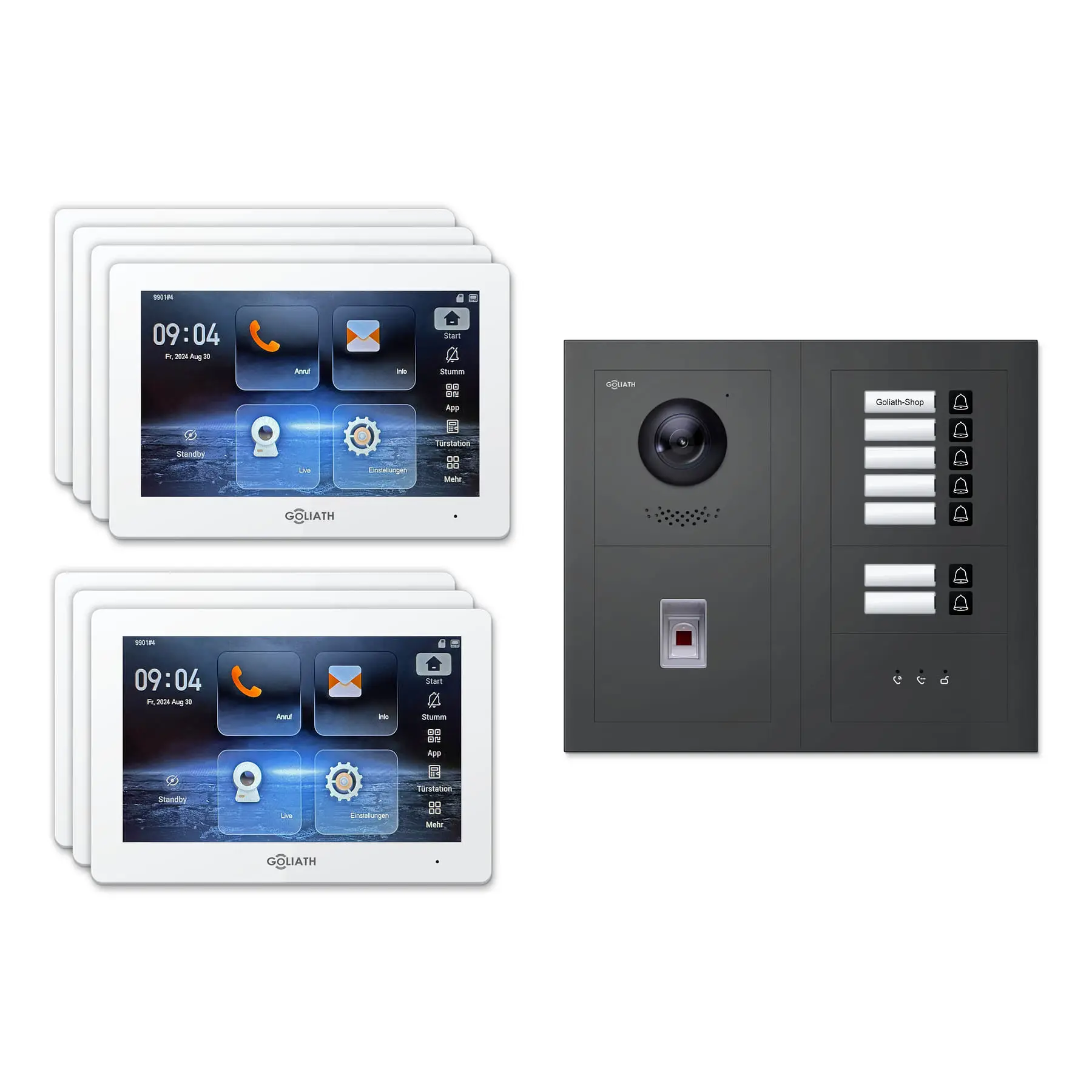 Goliath Video Türsprechanlage GL-IPH755A für 7-Familienhaus: 7 Monitore mit 7 Zoll in Weiß, Außenstation in Anthrazit mit 7 Klingeltasten sowie Statusanzeige, Fingerprint. Set für Unterputzmontage.
