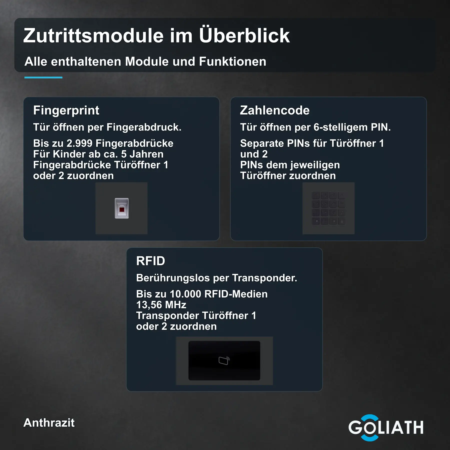 Gemeinsame Übersicht der enthaltenen Module Fingerprint, Zahlencode, RFID in Anthrazit, mit Funktionen und Originalabbildungen.