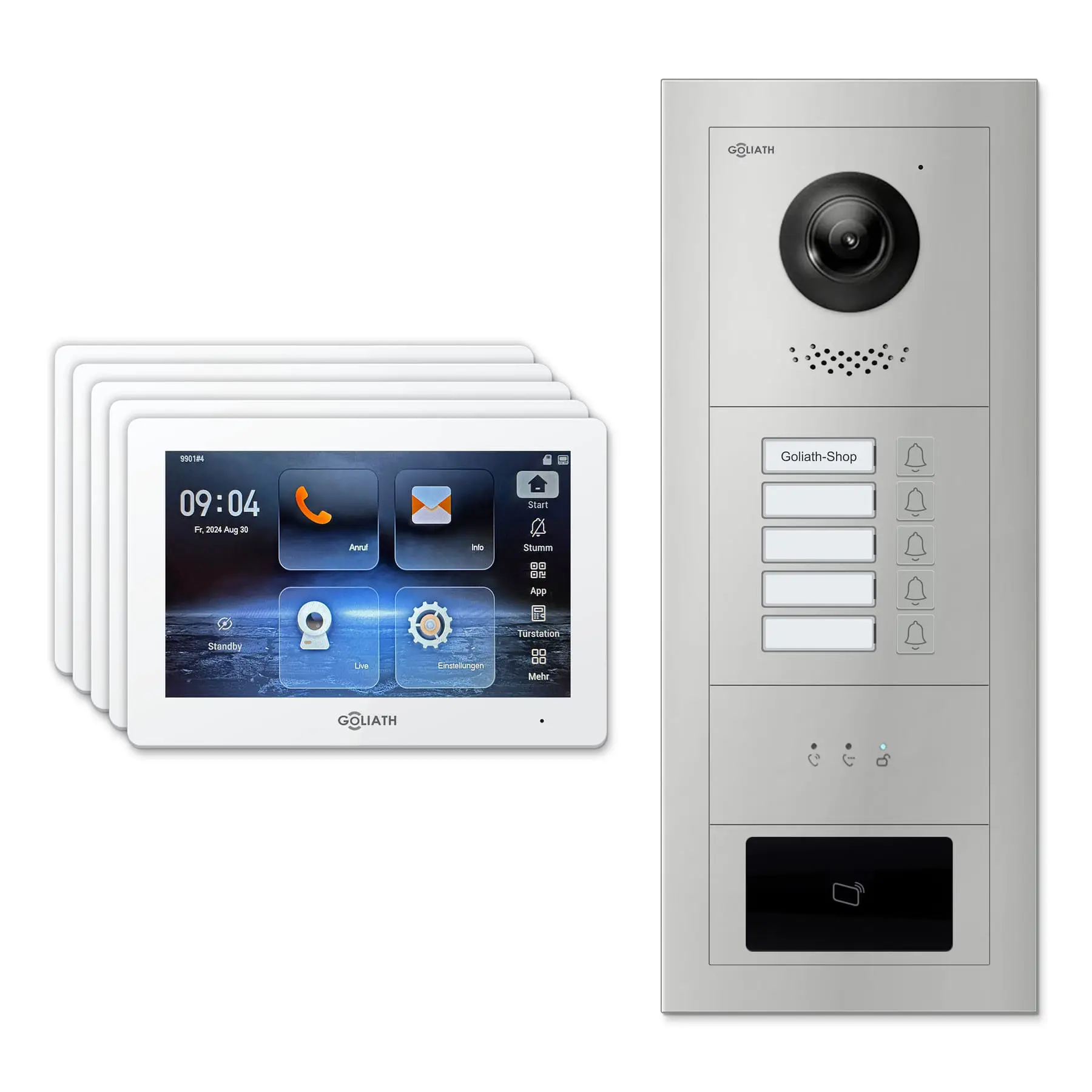 Goliath Video Türsprechanlage GL-IPH515.1 für 5-Familienhaus: 5 Monitore mit 7 Zoll in Weiß, Außenstation in Silber mit 5 Klingeltasten sowie Statusanzeige, RFID. Set für Aufputzmontage.