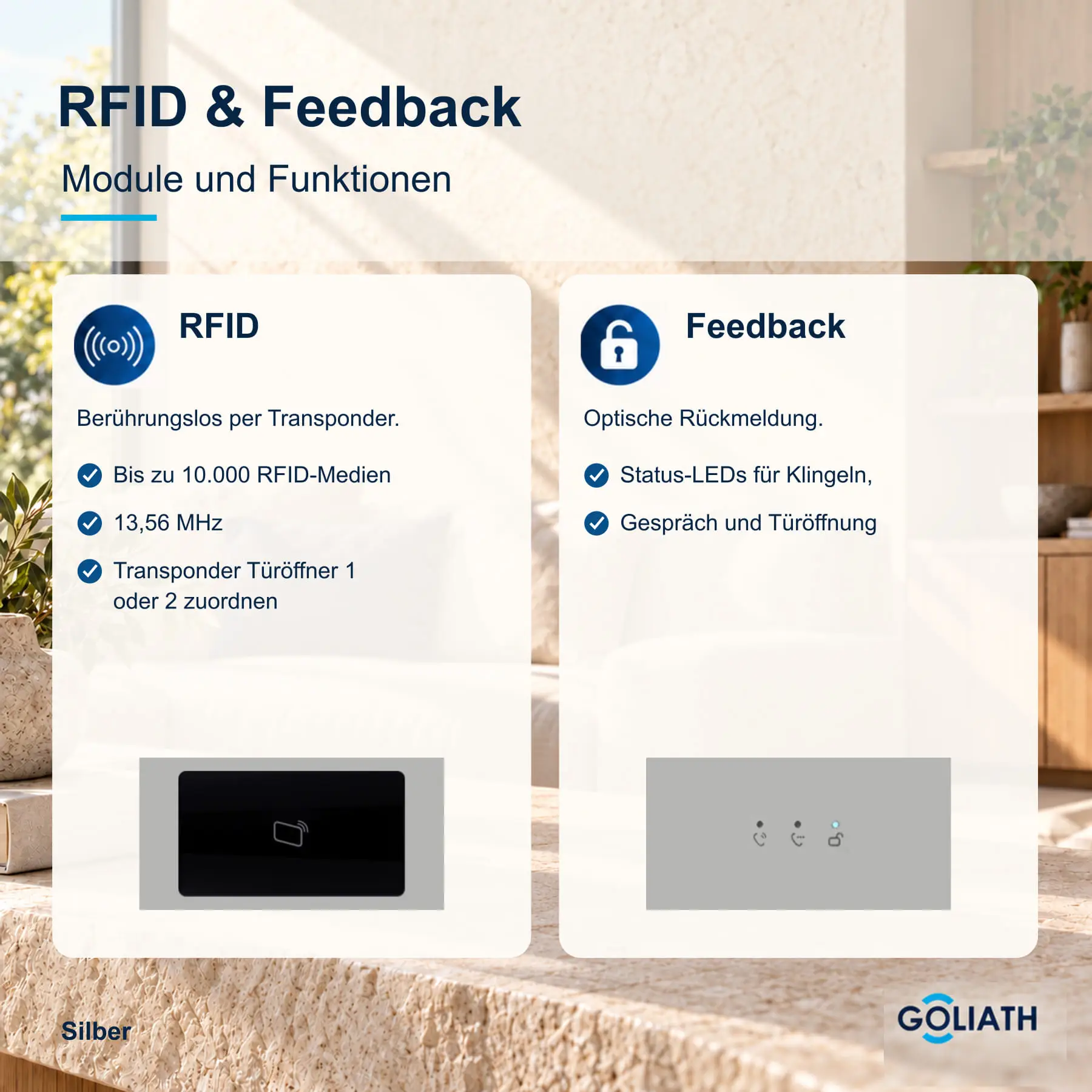 RFID-Leser und Feedback-Anzeige für die Goliath Türsprechanlage in Silber: berührungslose Türöffnung per Transponder und optische Rückmeldung zu Klingeln, Gespräch und Türöffnung.