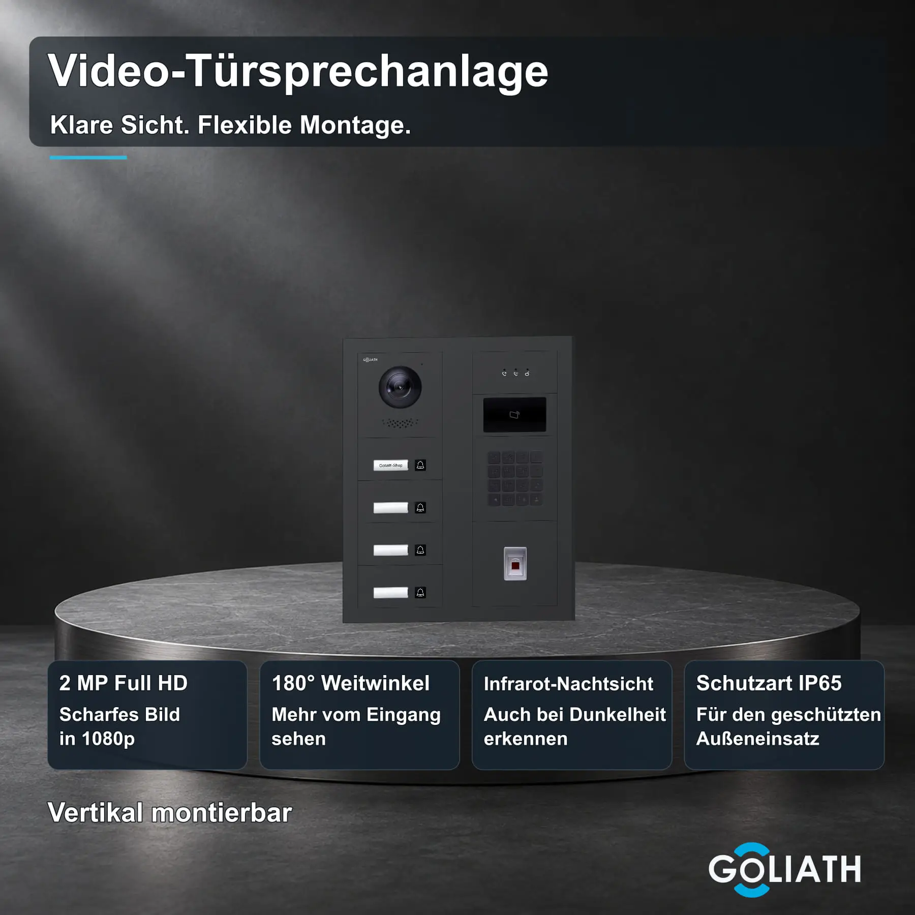 Goliath Außenstation in Anthrazit mit 4 Klingeltasten, Fingerprint, Zahlencode und RFID sowie Feedback. Originalmodule in zwei Spalten; 2 MP Full HD, 180° Blickwinkel, Infrarot-Nachtsicht und IP65.
