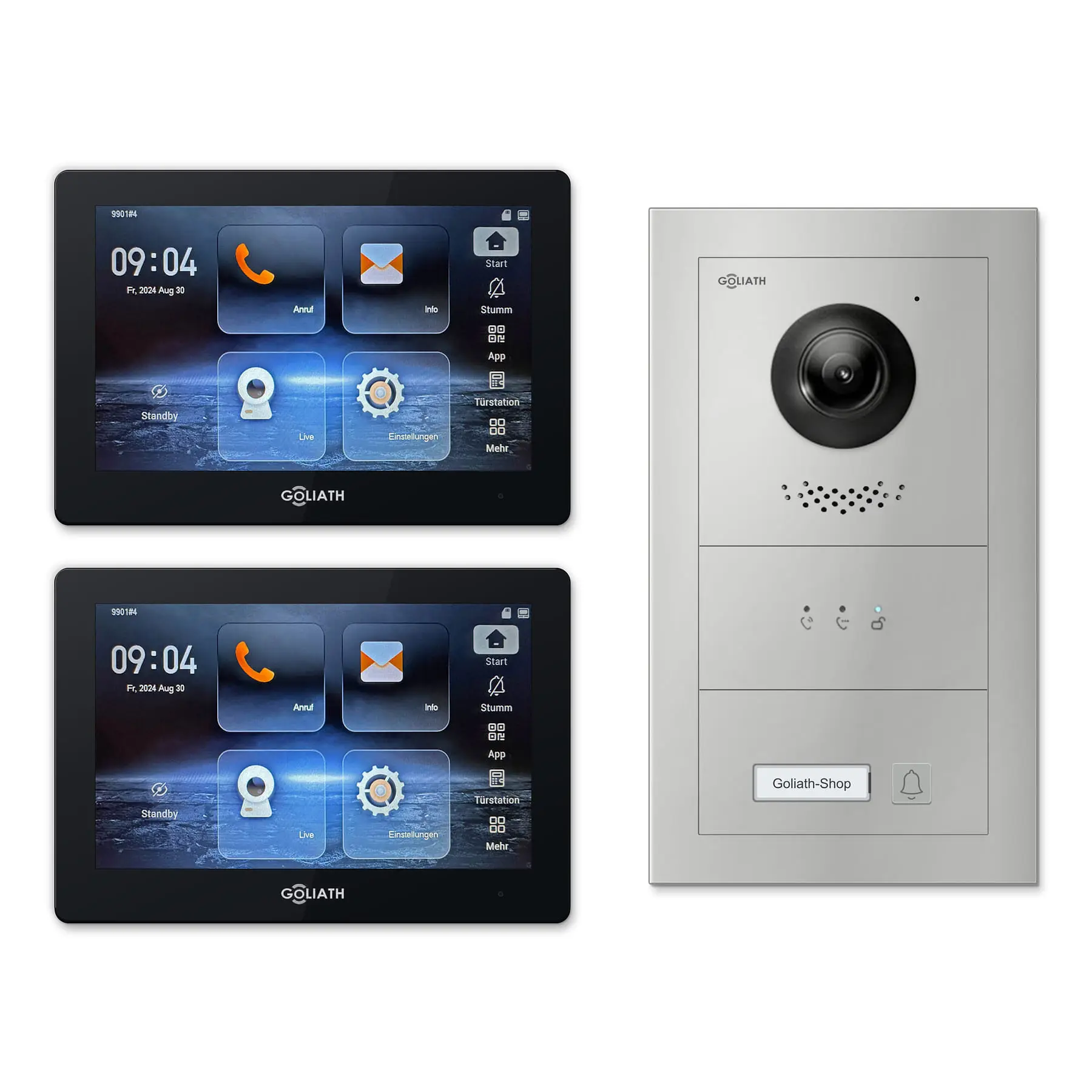 Goliath Türsprechanlage mit Kamera GL-HB101.2 für 1-Familienhaus: 2 Monitore mit 7 Zoll in Schwarz, Außenstation in Silber mit 1 Klingeltaste sowie Statusanzeige. Set für Unterputzmontage.