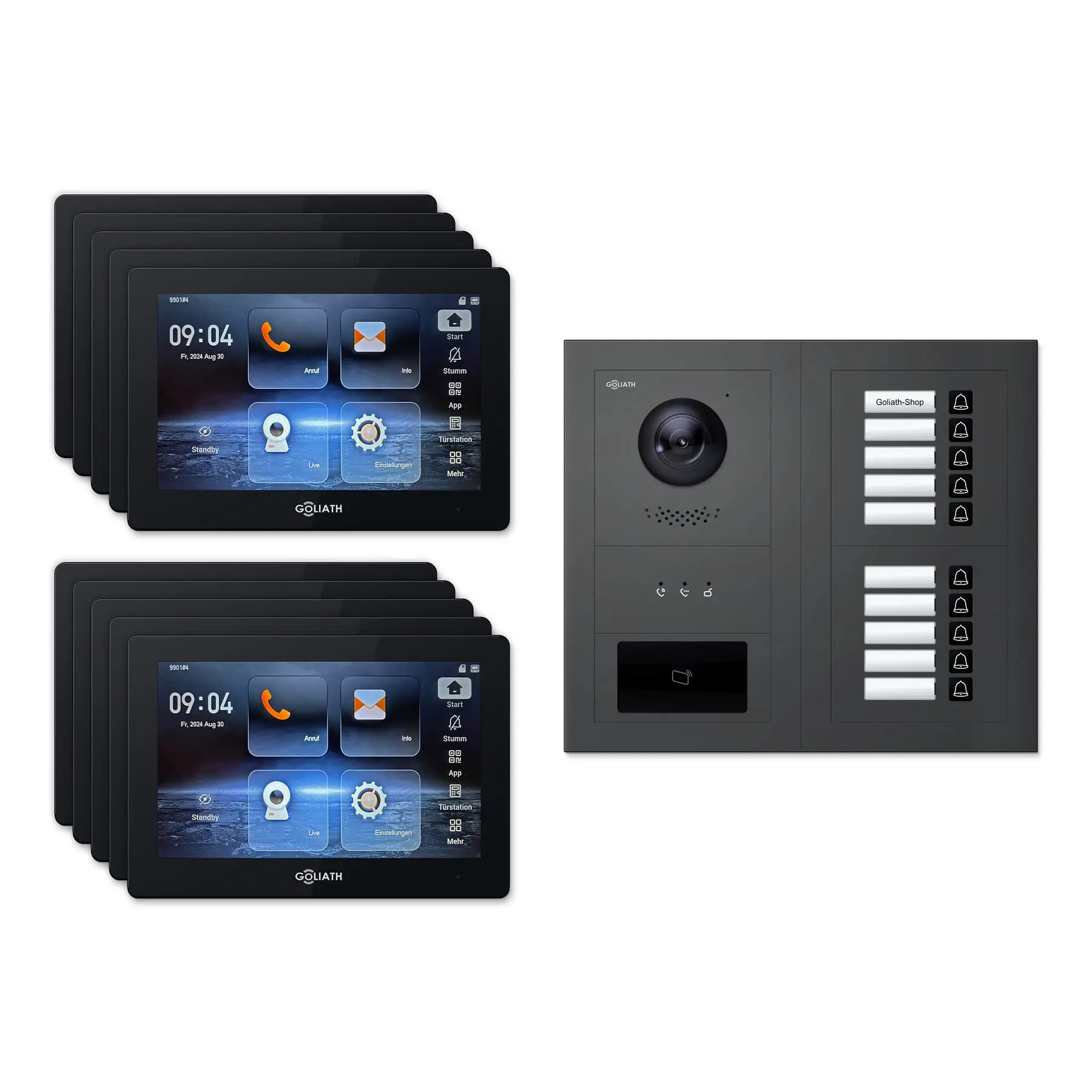 Goliath Türsprechanlage mit Kamera GL-HB1010A.2 für 10-Familienhaus: 10 Monitore mit 7 Zoll in Schwarz, Außenstation in Anthrazit mit 10 Klingeltasten sowie Statusanzeige, RFID. Set für Unterputzmontage.
