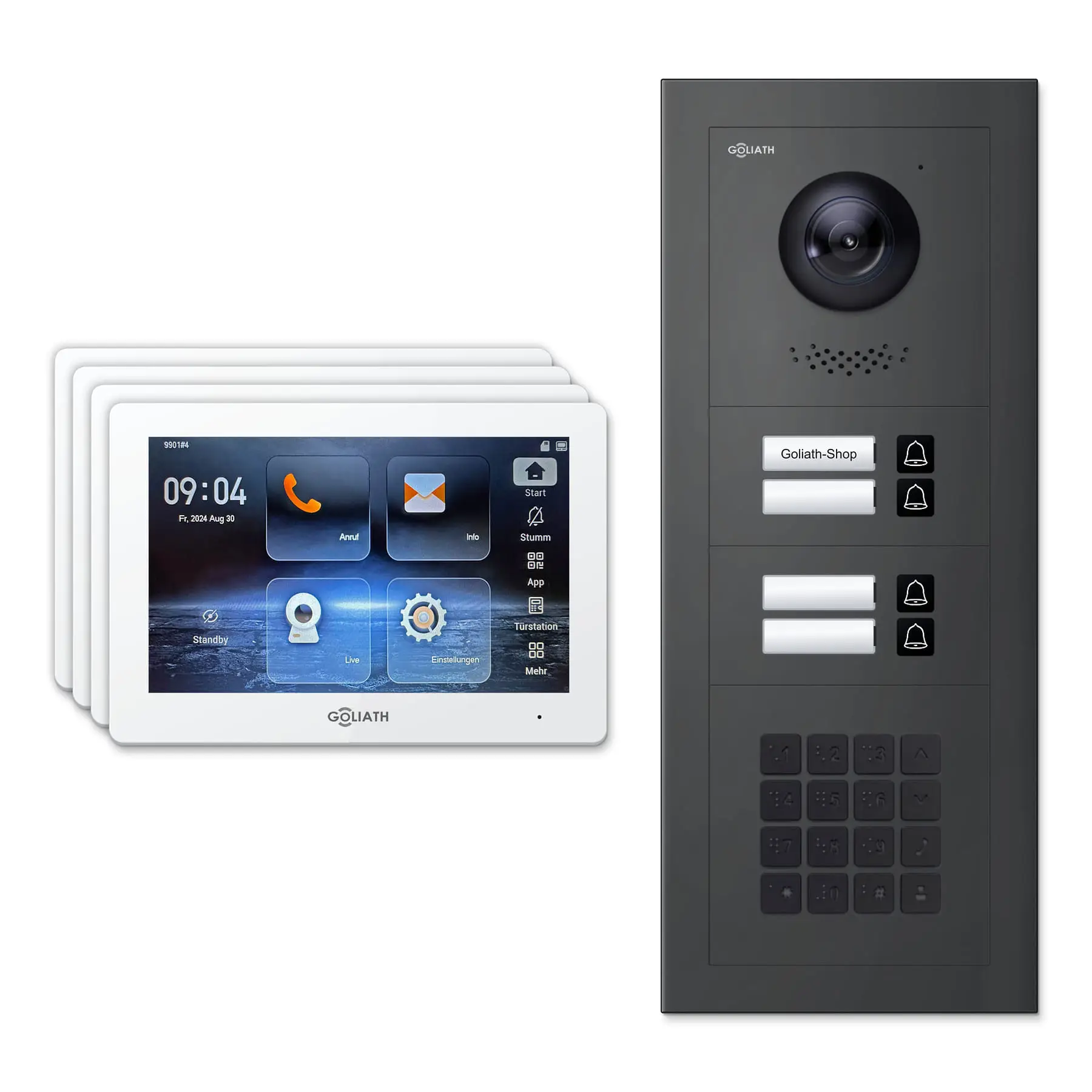 Goliath Video Türsprechanlage GL-IPH425A für 4-Familienhaus: 4 Monitore mit 7 Zoll in Weiß, Außenstation in Anthrazit mit 4 Klingeltasten sowie Zahlencode. Set für Unterputzmontage.