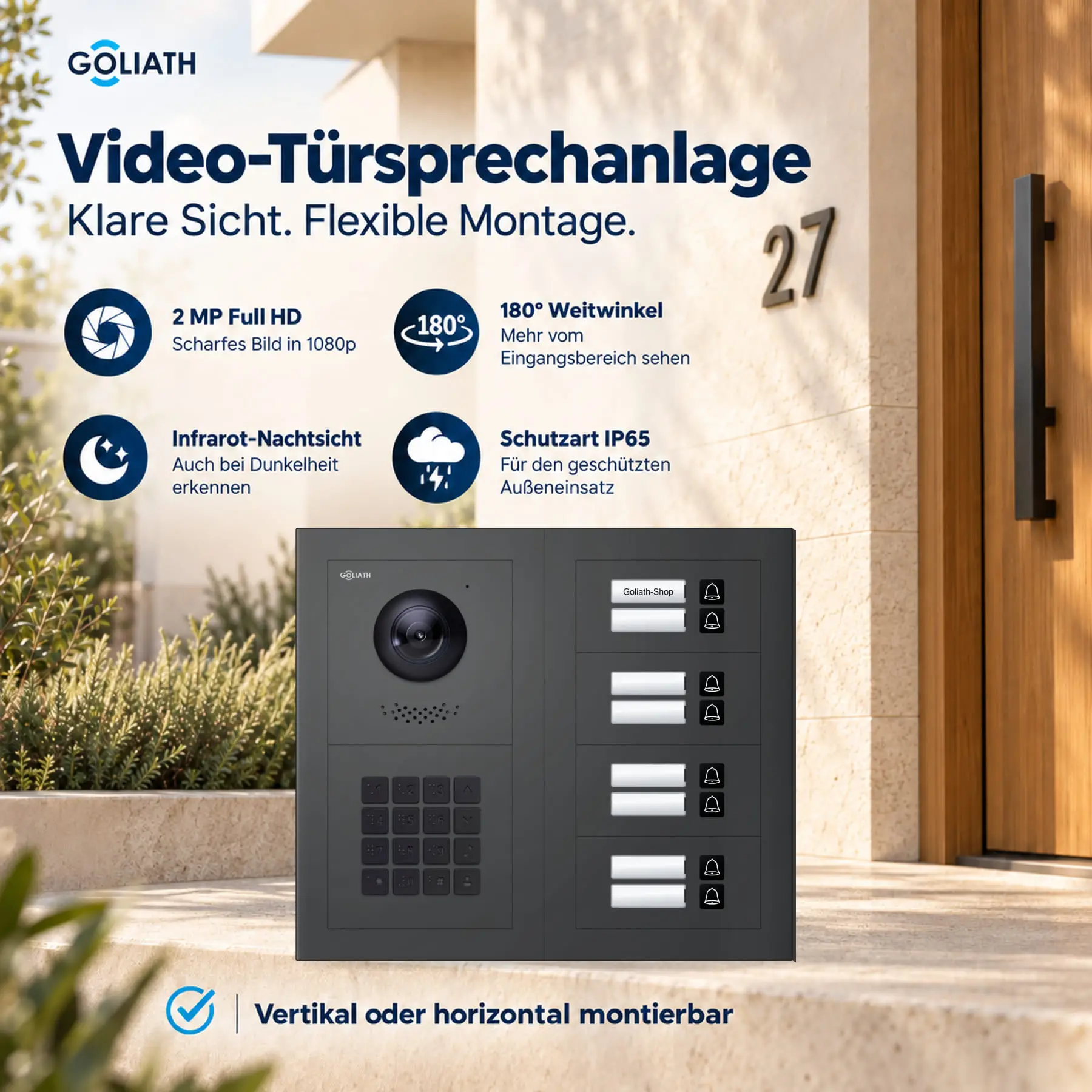 Goliath Premium-Line-Außenstation in Anthrazit mit Kamera, 8 Klingeltasten und Zahlencode-Tastatur. Zwei aufrechte Modulspalten nebeneinander auf Naturstein.