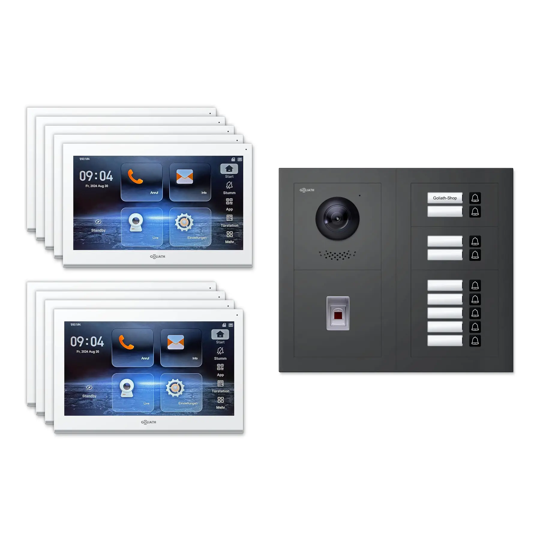 Goliath Video Türsprechanlage GL-IPH930A für 9-Familienhaus: 9 Monitore mit 10 Zoll in Weiß, Außenstation in Anthrazit mit 9 Klingeltasten sowie Fingerprint. Set für Unterputzmontage.
