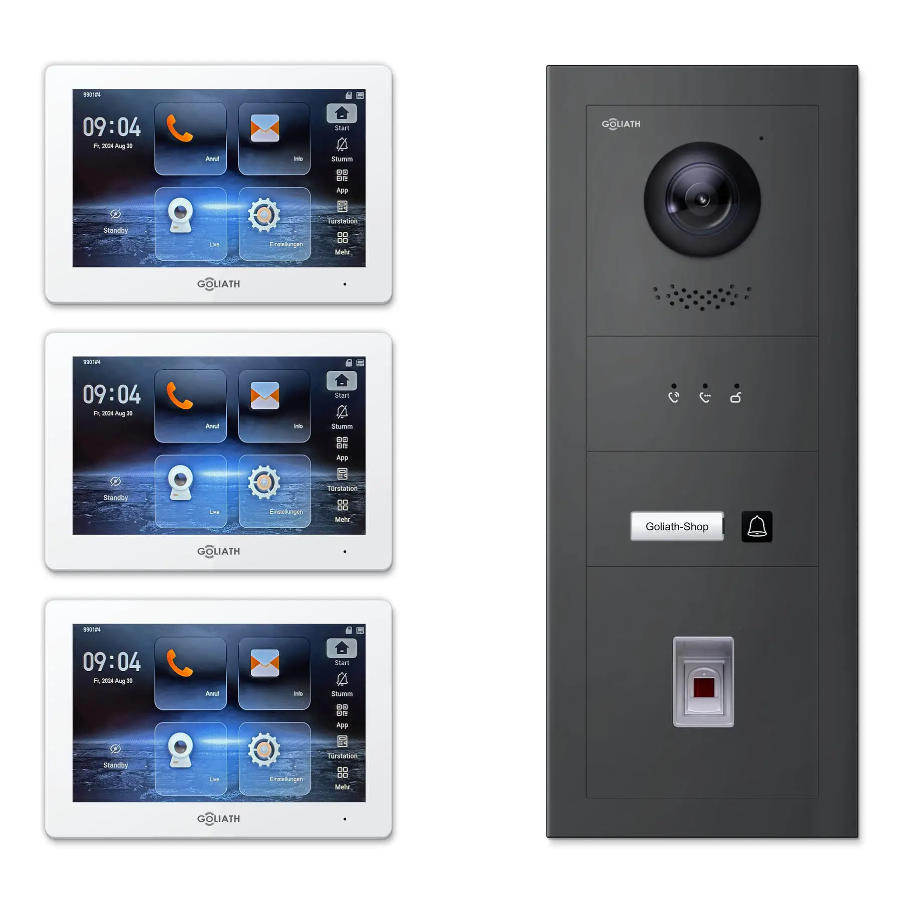 Goliath Video Türsprechanlage GL-IPH137A.2 für 1-Familienhaus: 3 Monitore mit 7 Zoll in Weiß, Außenstation in Anthrazit mit 1 Klingeltaste sowie Statusanzeige, Fingerprint. Set für Aufputzmontage.