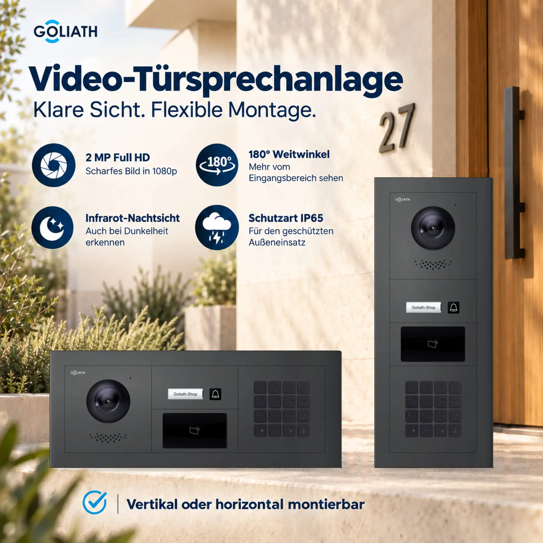 Goliath Premium-Line-Außenstation in Anthrazit mit Kamera, 1 Klingeltaste, Zahlencode-Tastatur und RFID-Leser. Senkrechte und waagerechte Anordnung auf Naturstein.