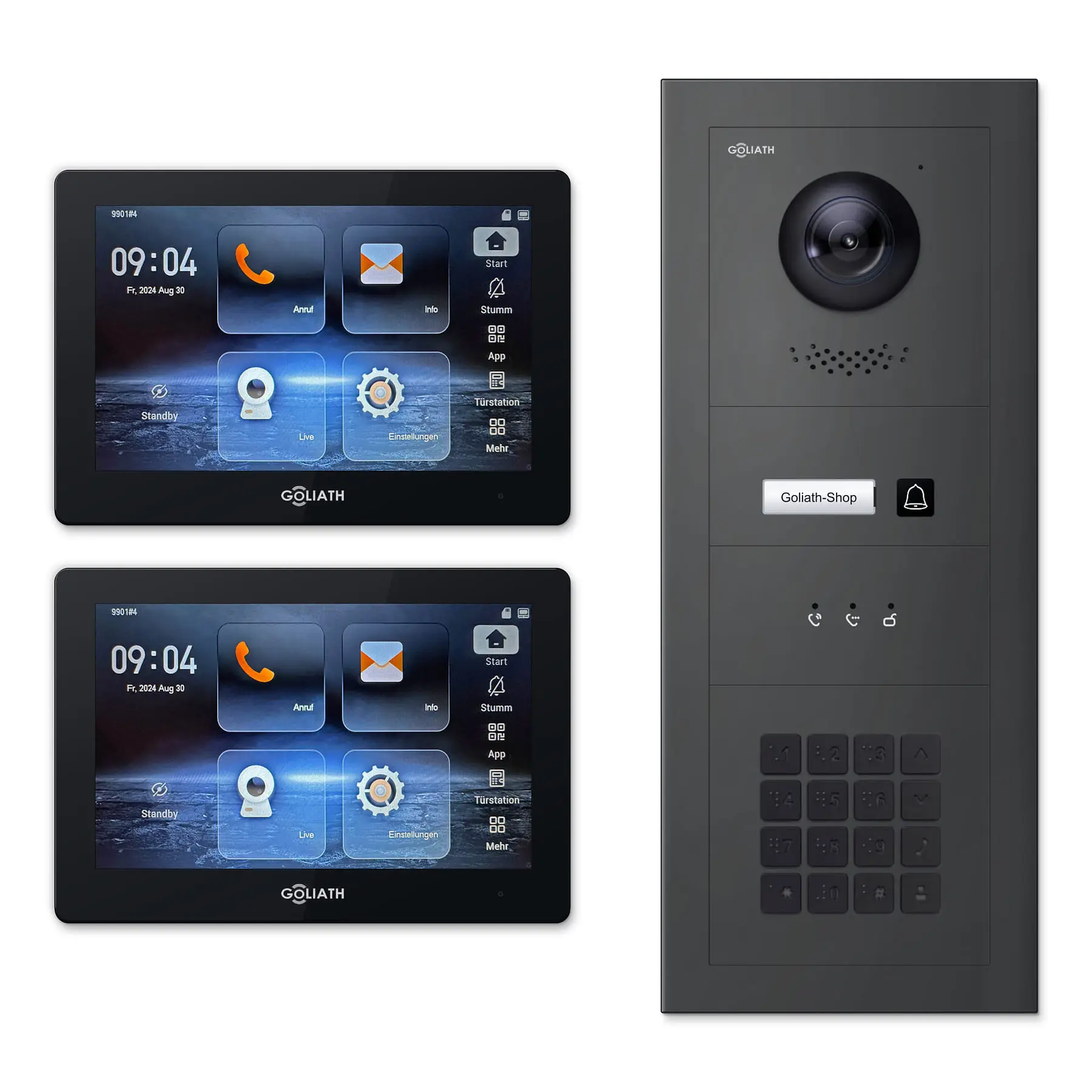 Goliath Türsprechanlage mit Kamera GL-HB121A.2 für 1-Familienhaus: 2 Monitore mit 7 Zoll in Schwarz, Außenstation in Anthrazit mit 1 Klingeltaste sowie Statusanzeige, Zahlencode. Set für Unterputzmontage.