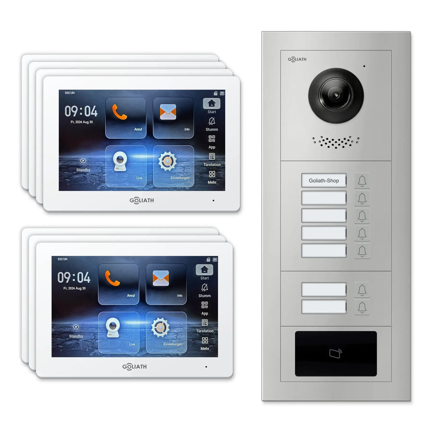 Goliath Türsprechanlage mit Kamera GL-HB710.1 für 7-Familienhaus: 7 Monitore mit 7 Zoll in Weiß, Außenstation in Silber mit 7 Klingeltasten sowie RFID. Set für Aufputzmontage.