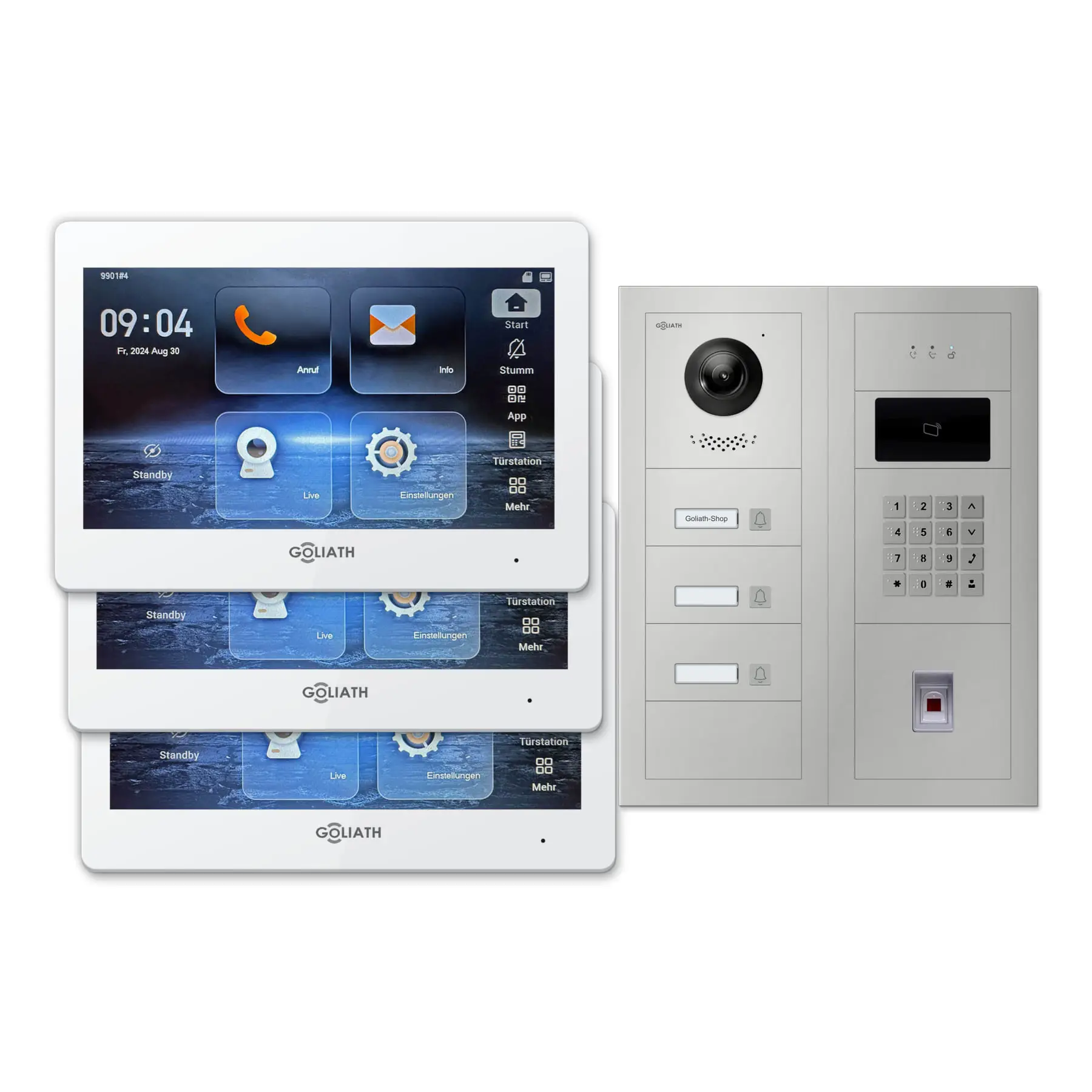 Modulare Goliath Außenstation in silber mit 3 Klingeltasten, Fingerprint, Zahlencode und RFID sowie Feedback-Modul und 3 7-Zoll-Innenmonitoren in Weiß.