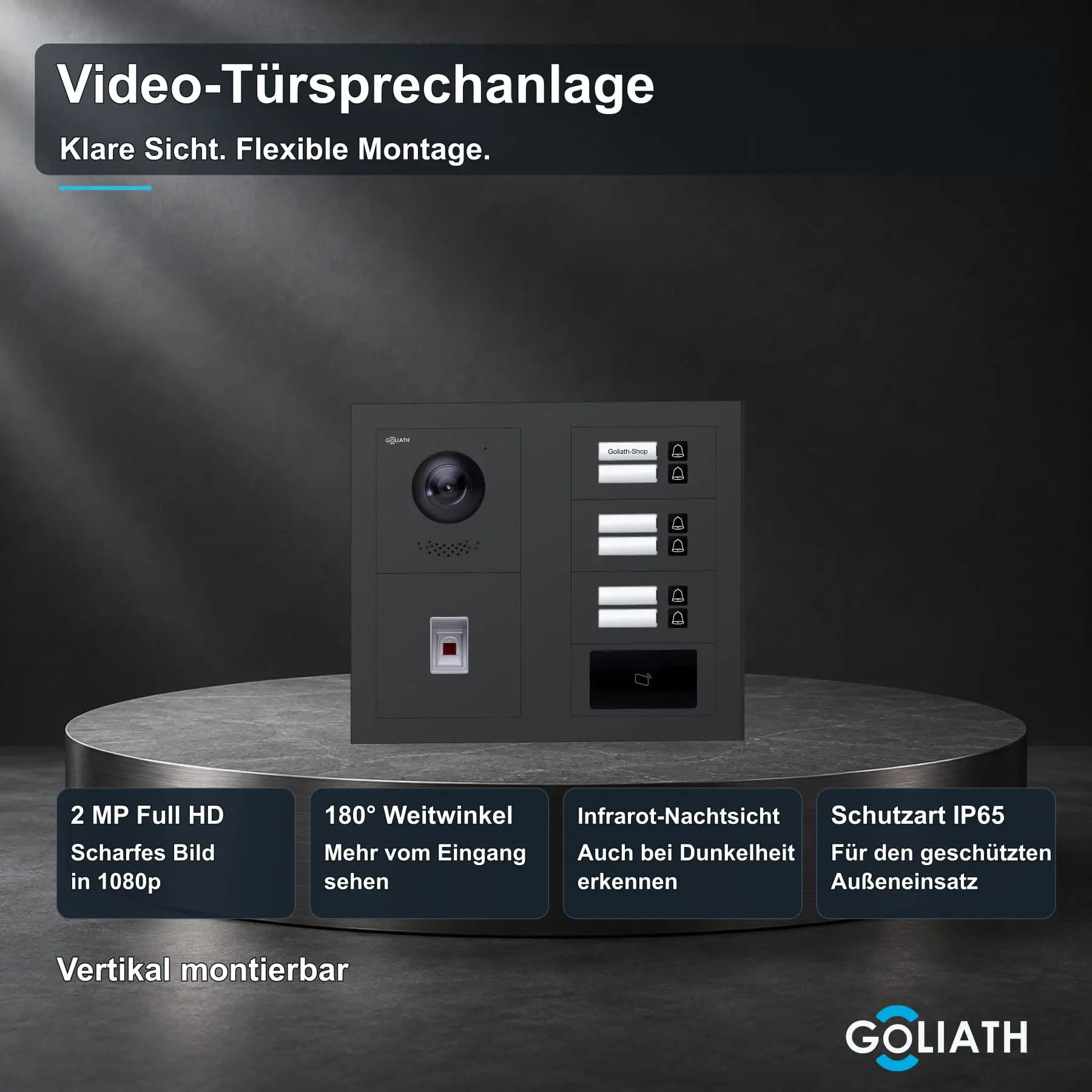 Goliath Premium-Line-Außenstation in Anthrazit mit Kamera, 6 Klingeltasten, Fingerprint-Modul und RFID-Leser. Zwei aufrechte Modulspalten nebeneinander auf Naturstein.