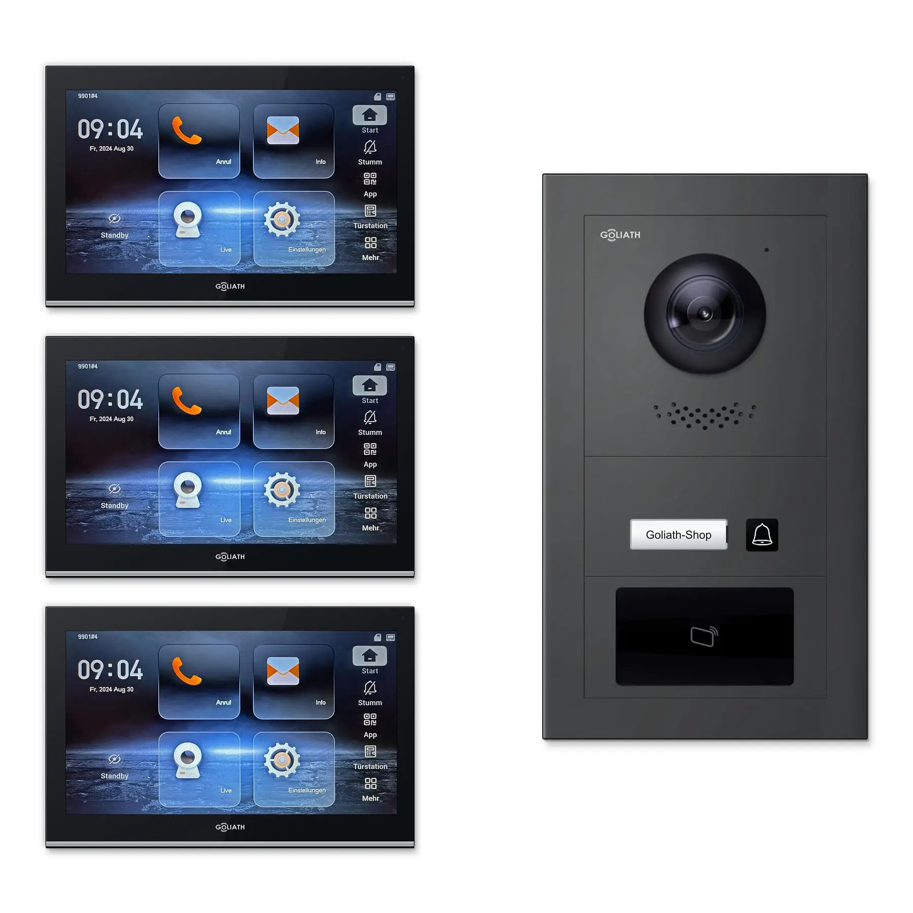 Goliath Video Türsprechanlage GL-IPH112A.6 für 1-Familienhaus: 3 Monitore mit 10 Zoll in Schwarz, Außenstation in Anthrazit mit 1 Klingeltaste sowie RFID. Set für Aufputzmontage.