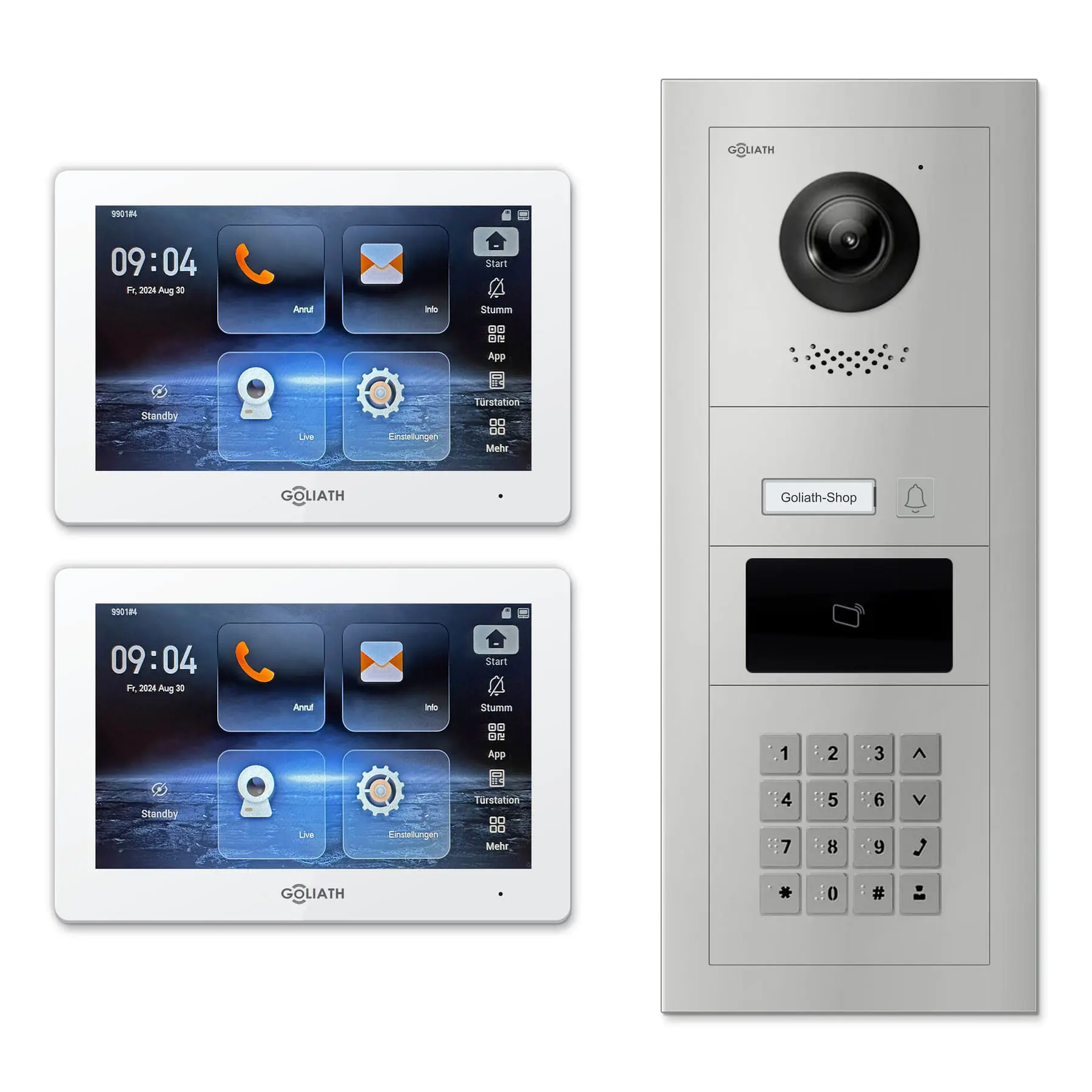 Goliath Video Türsprechanlage GL-IPH156.2 für 1-Familienhaus: 2 Monitore mit 7 Zoll in Weiß, Außenstation in Silber mit 1 Klingeltaste sowie RFID, Zahlencode. Set für Aufputzmontage.