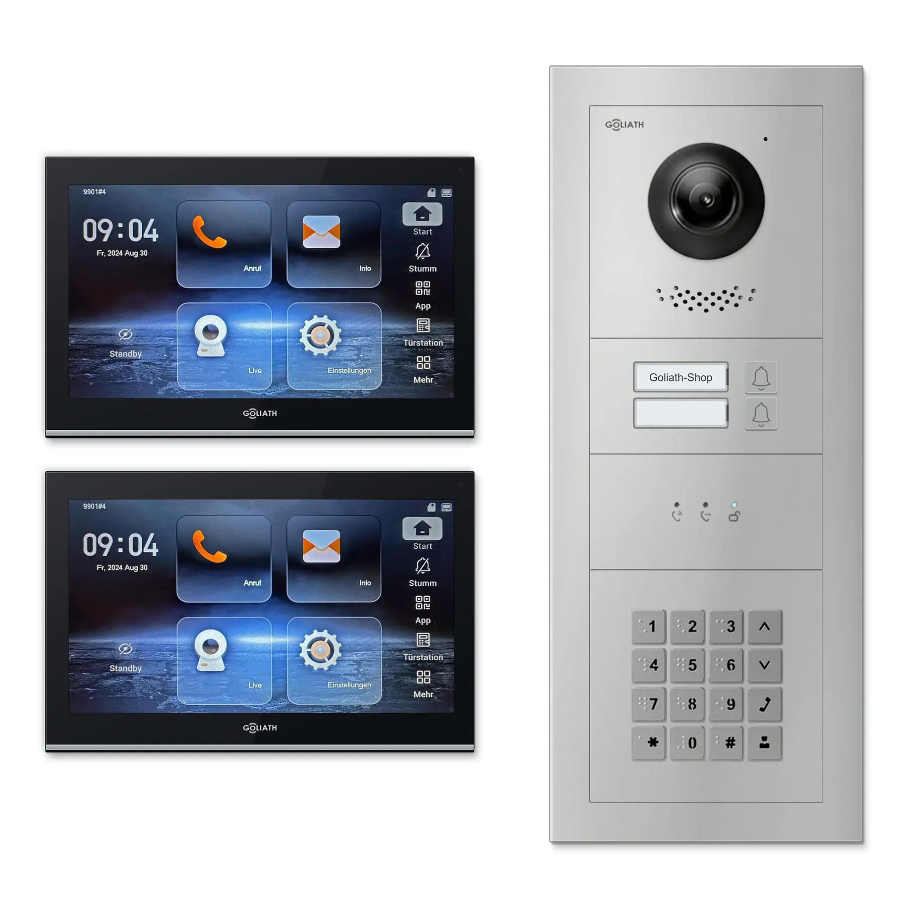 Goliath Video Türsprechanlage GL-IPH220.4 für 2-Familienhaus: 2 Monitore mit 10 Zoll in Schwarz, Außenstation in Silber mit 2 Klingeltasten sowie Statusanzeige, Zahlencode. Set für Unterputzmontage.