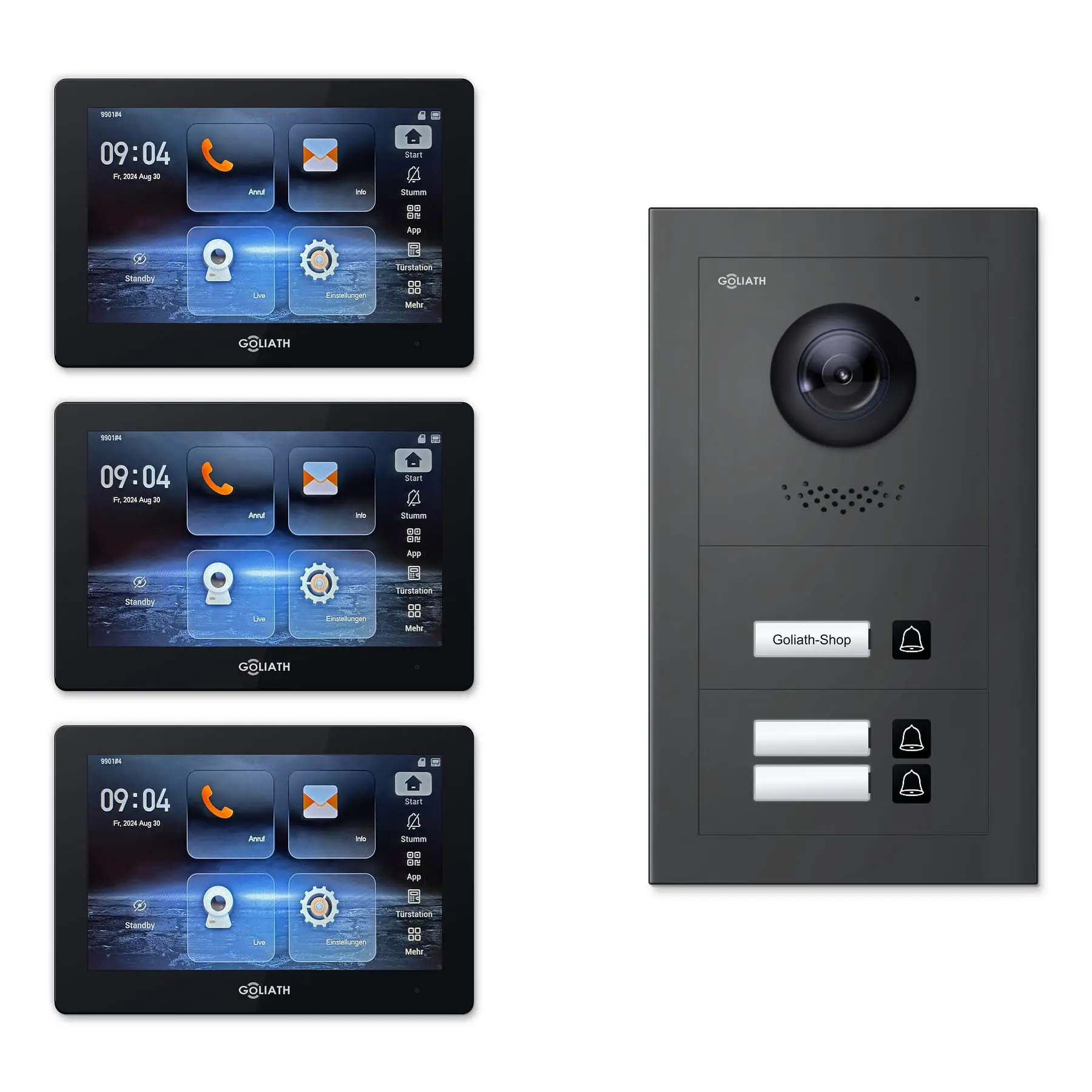 Goliath Video Türsprechanlage GL-IPH305A.4 für 3-Familienhaus: 3 Monitore mit 7 Zoll in Schwarz, Außenstation in Anthrazit mit 3 Klingeltasten. Set für Unterputzmontage.