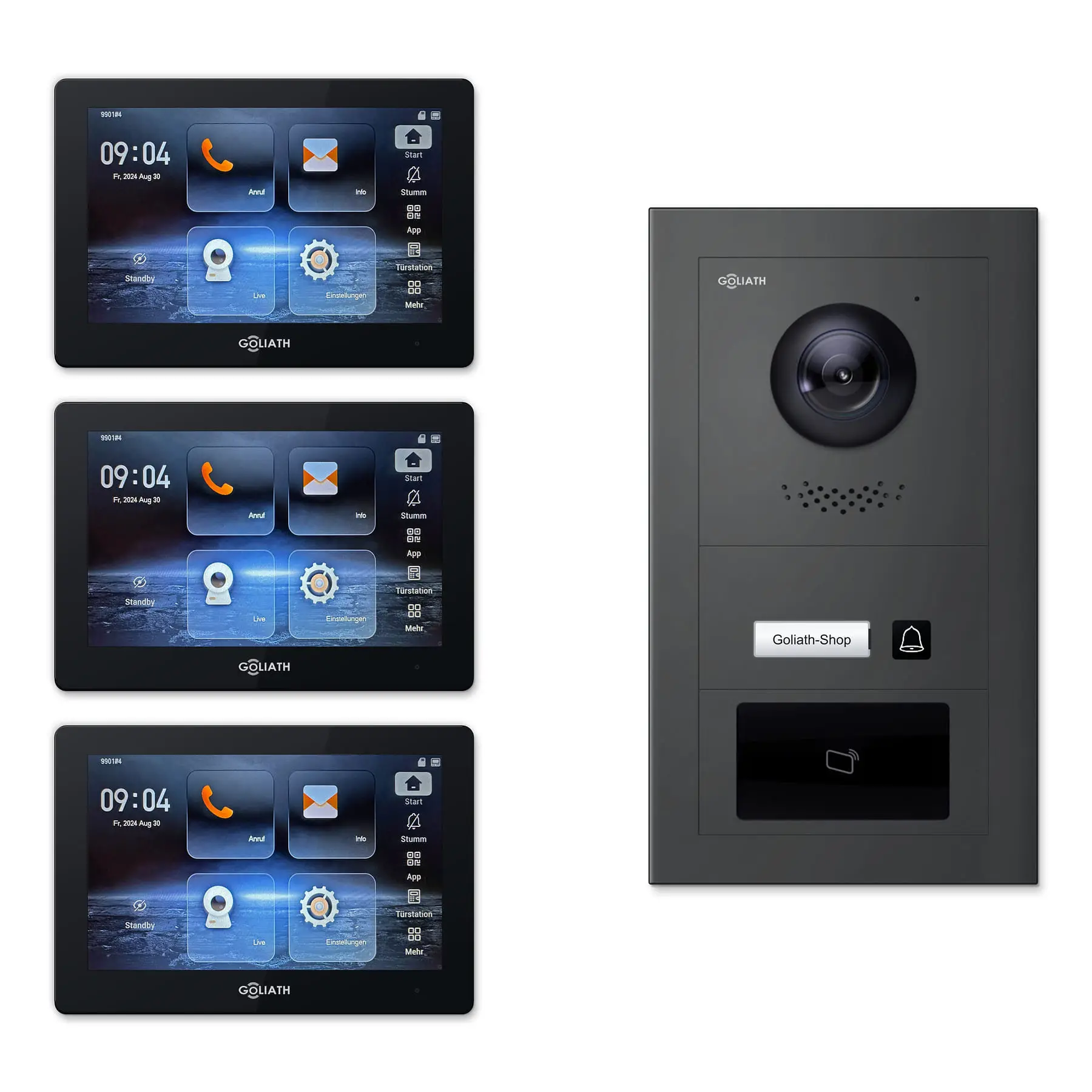 Goliath Video Türsprechanlage GL-IPH117A.6 für 1-Familienhaus: 3 Monitore mit 7 Zoll in Schwarz, Außenstation in Anthrazit mit 1 Klingeltaste sowie RFID. Set für Aufputzmontage.