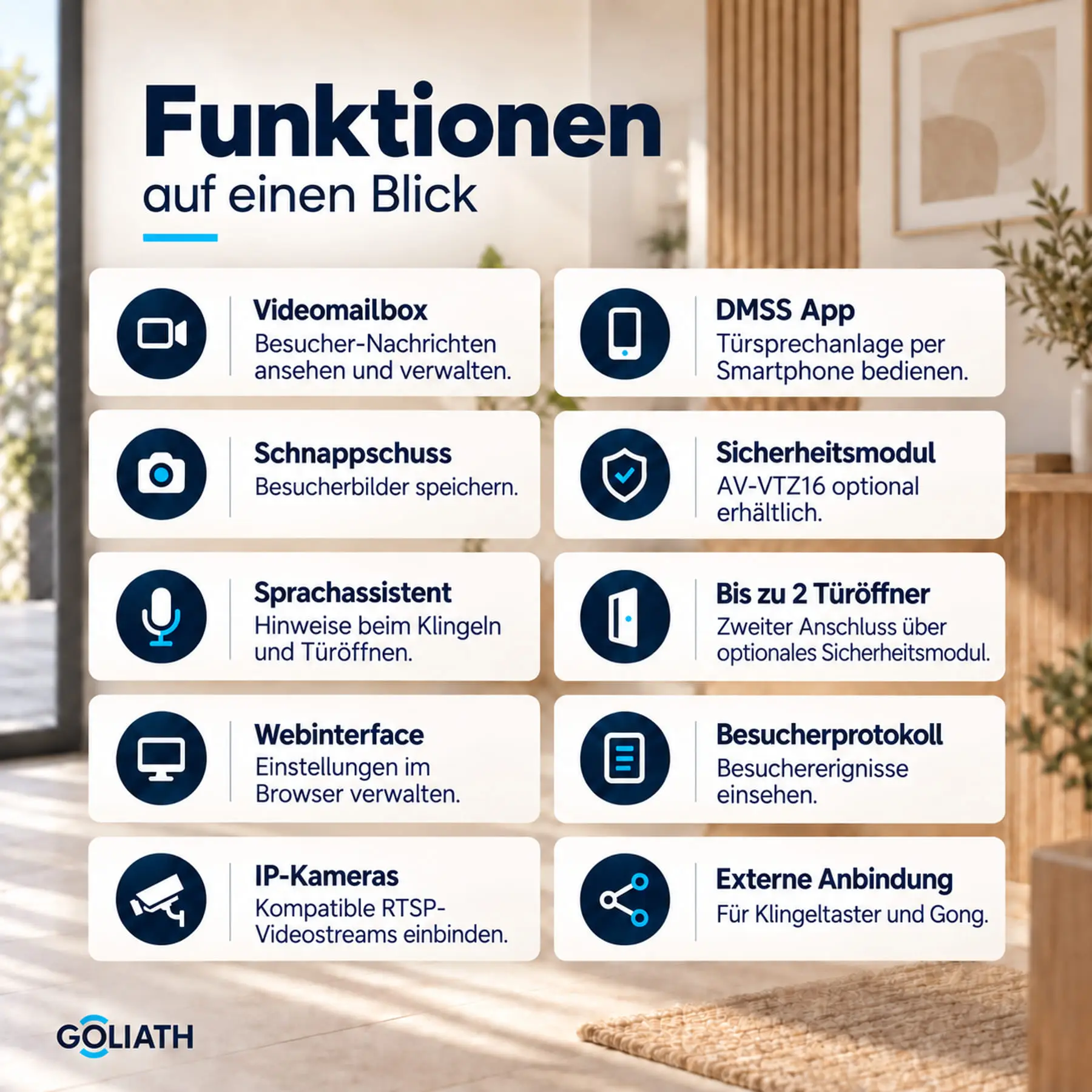 Funktionsübersicht: DMSS-App, Videomailbox, Schnappschuss, Sprachhinweise, Webinterface, Besucherprotokoll und IP-Kameras. Zweiter Türöffner mit optionalem Sicherheitsmodul.