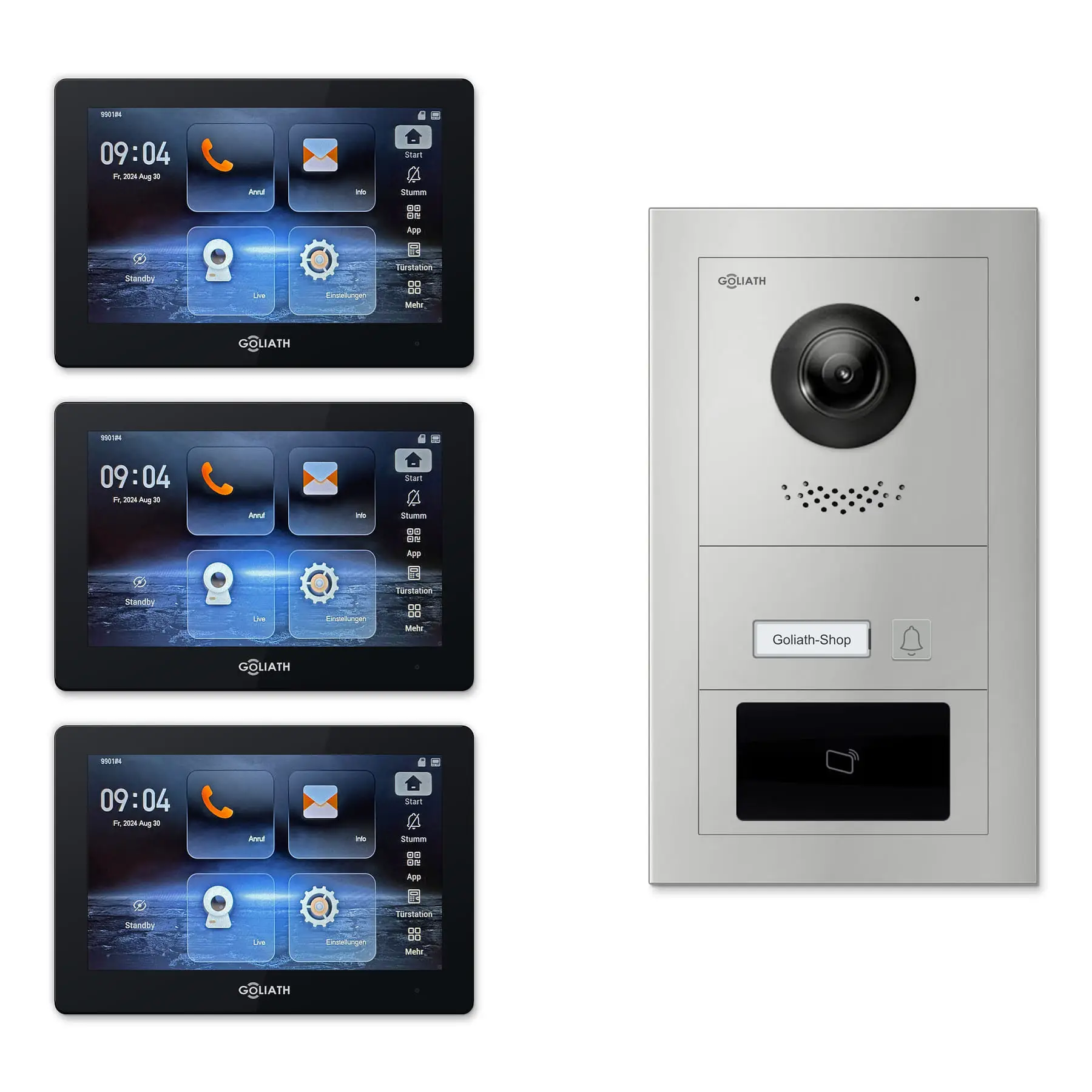 Goliath Video Türsprechanlage GL-IPH117.6 für 1-Familienhaus: 3 Monitore mit 7 Zoll in Schwarz, Außenstation in Silber mit 1 Klingeltaste sowie RFID. Set für Aufputzmontage.
