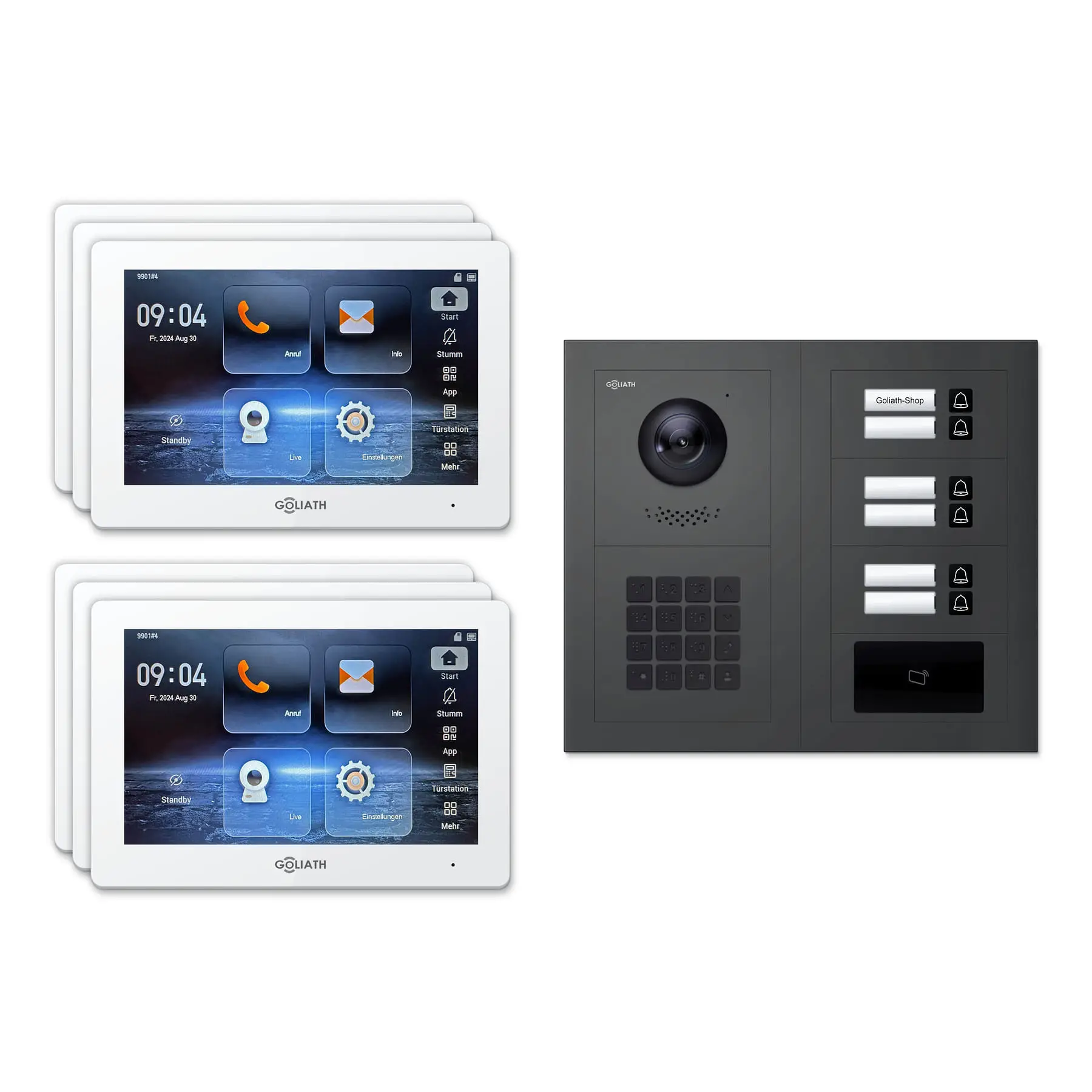 Goliath Video Türsprechanlage GL-IPH625A für 6-Familienhaus: 6 Monitore mit 7 Zoll in Weiß, Außenstation in Anthrazit mit 6 Klingeltasten sowie RFID, Zahlencode. Set für Unterputzmontage.