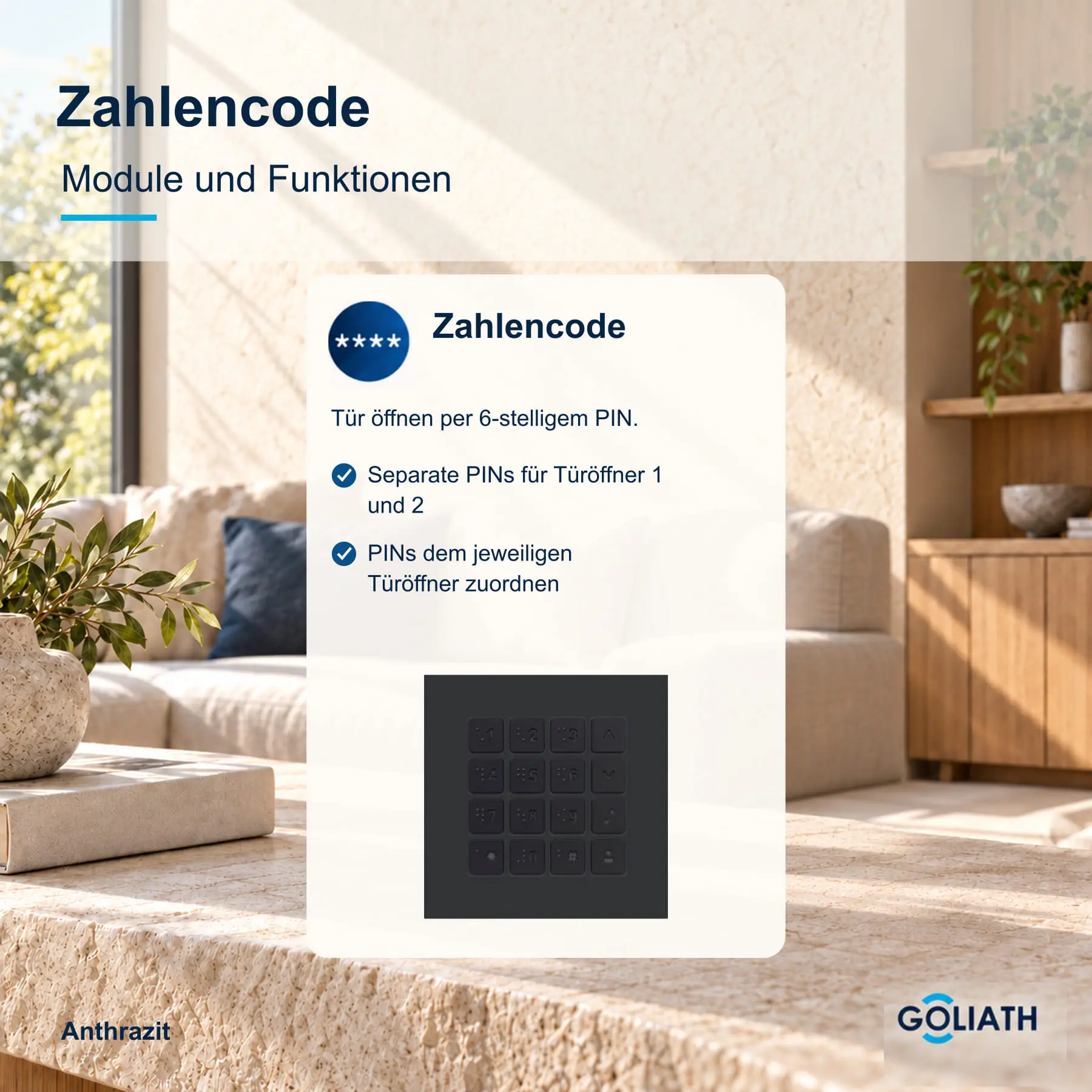 Zahlencode-Tastatur für die Goliath Türsprechanlage in Anthrazit: Türöffnung per PIN.