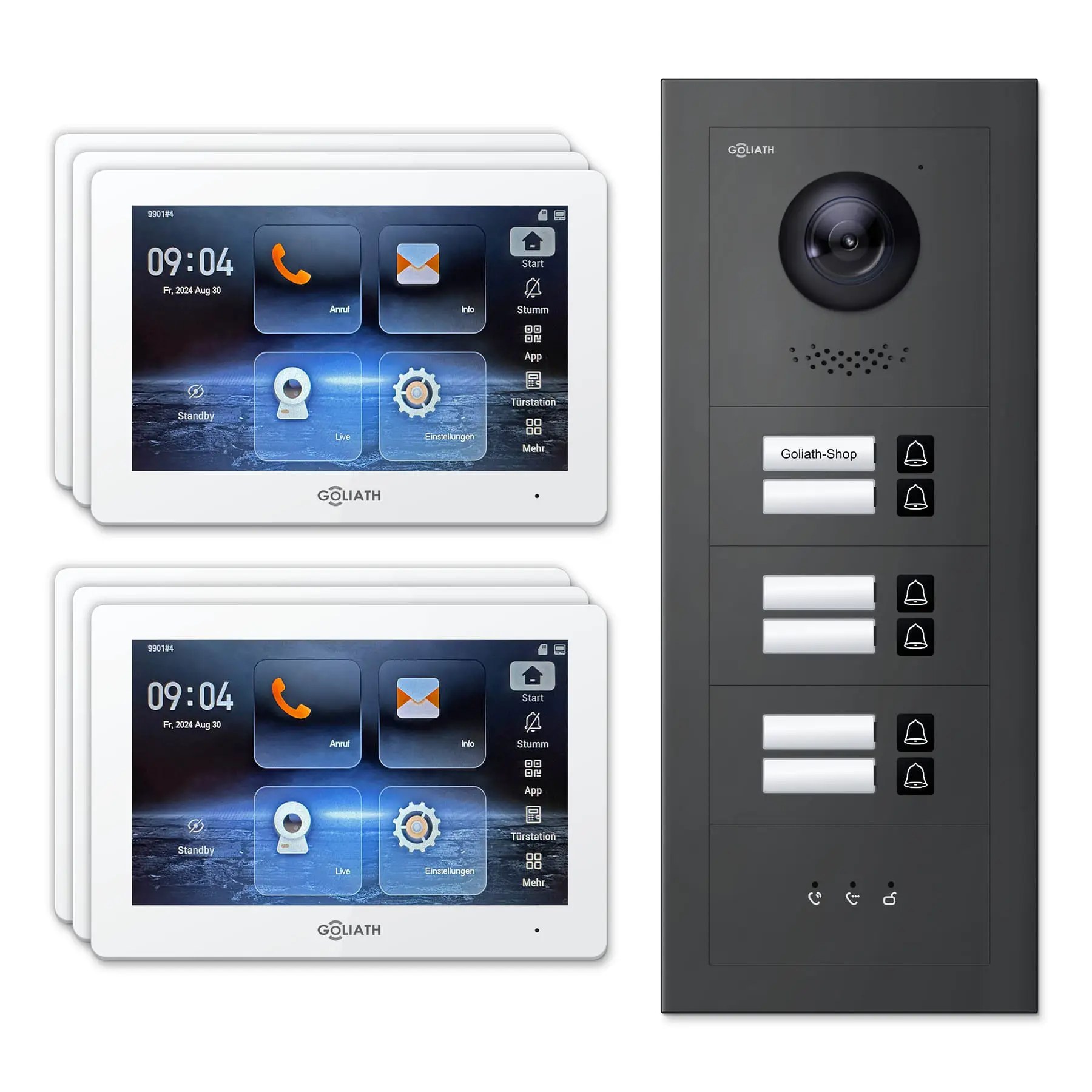 Goliath Türsprechanlage mit Kamera GL-HB600A für 6-Familienhaus: 6 Monitore mit 7 Zoll in Weiß, Außenstation in Anthrazit mit 6 Klingeltasten sowie Statusanzeige. Set für Unterputzmontage.