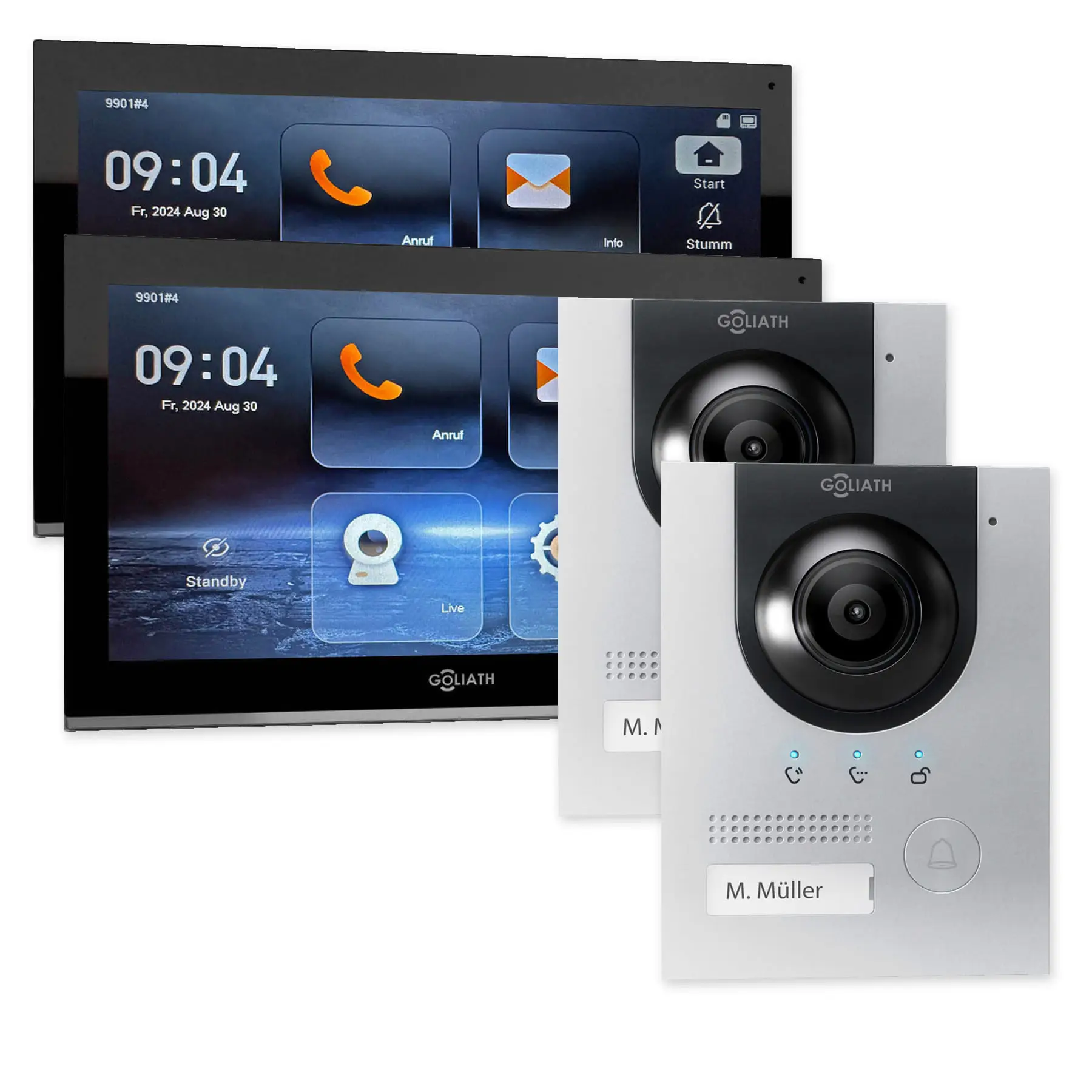Goliath IP-Set mit zwei silbernen Kompakt-Außenstationen und 2 schwarzen 10-Zoll-Innenmonitoren.