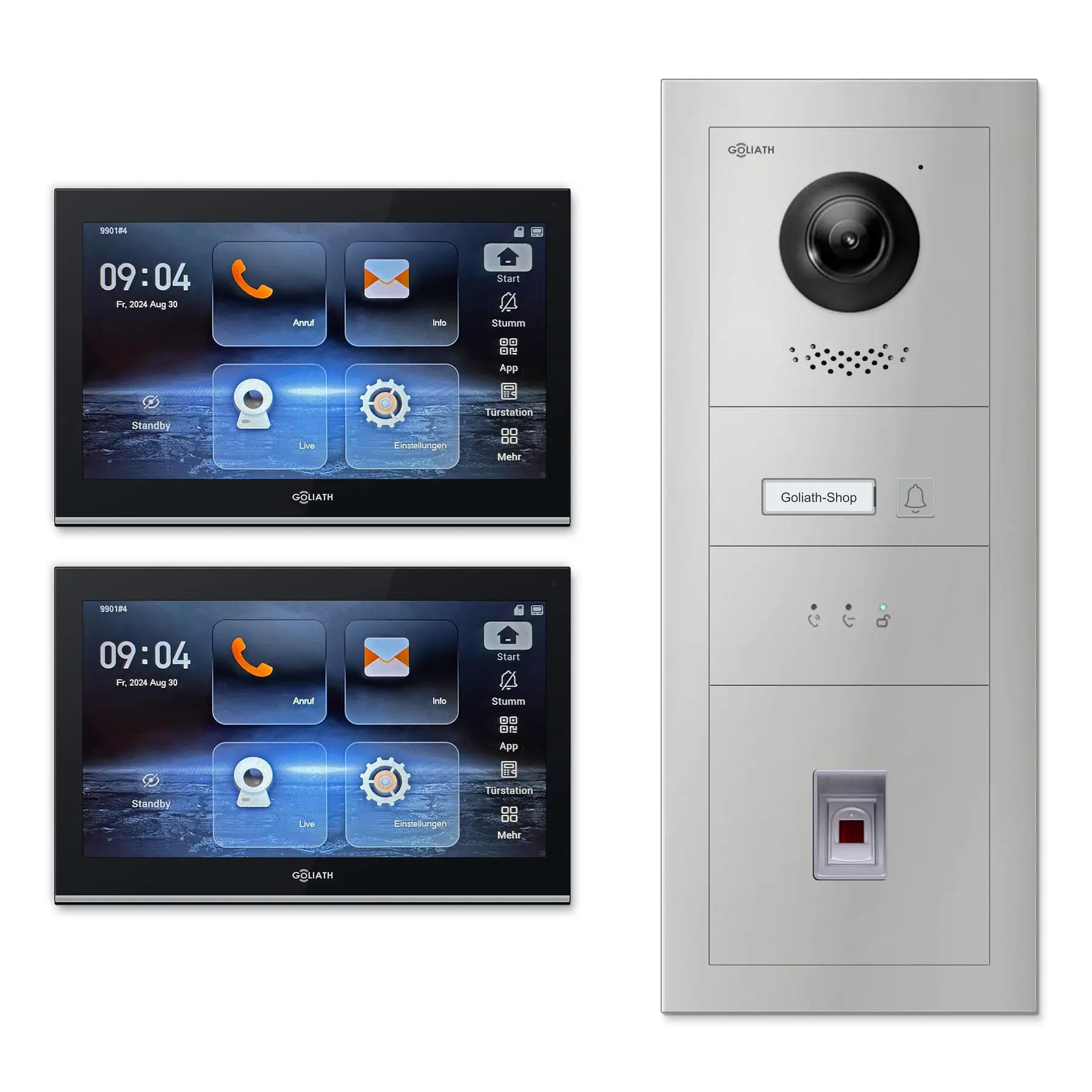 Goliath Video Türsprechanlage GL-IPH131.4 für 1-Familienhaus: 2 Monitore mit 10 Zoll in Schwarz, Außenstation in Silber mit 1 Klingeltaste sowie Statusanzeige, Fingerprint. Set für Unterputzmontage.
