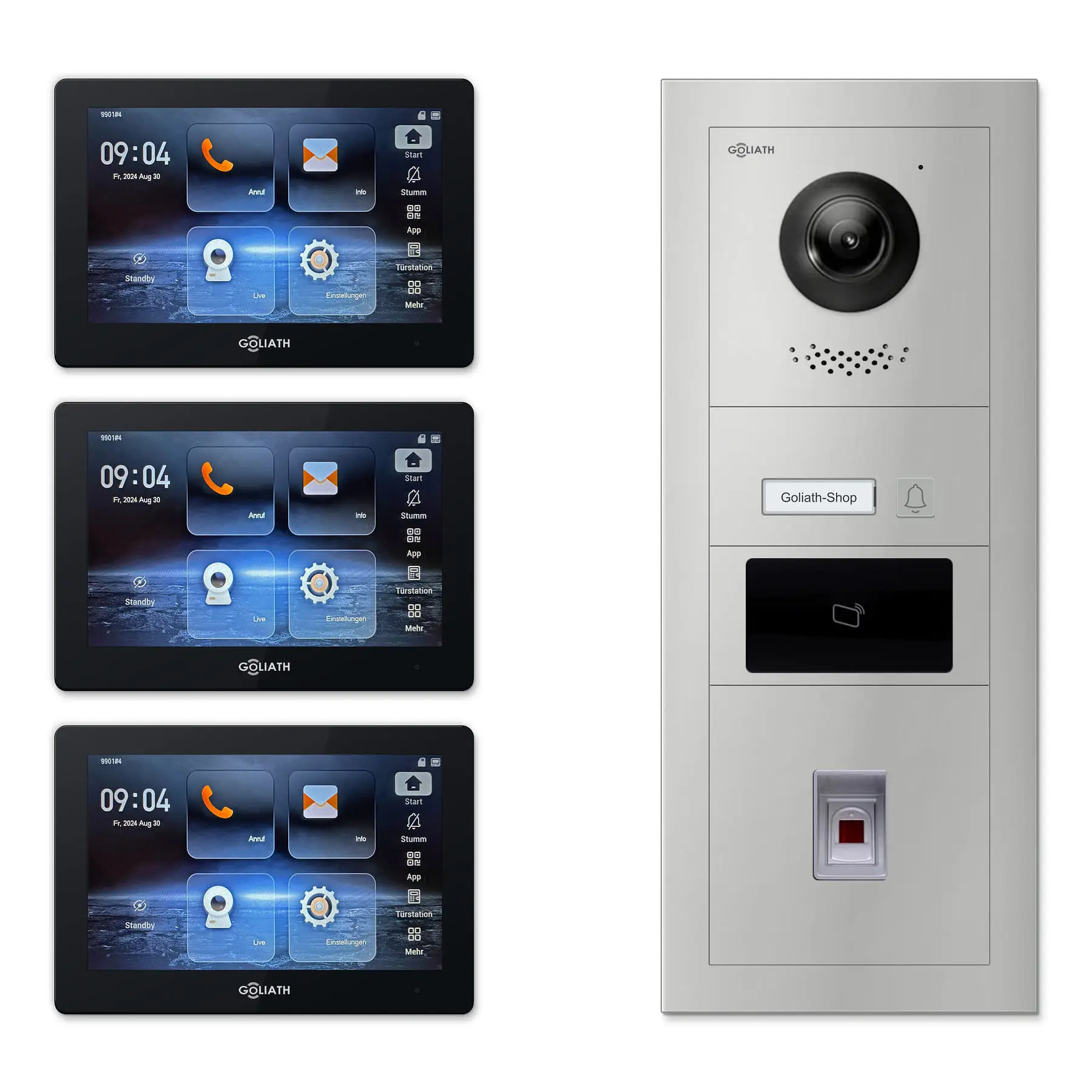 Goliath Video Türsprechanlage GL-IPH147.4 für 1-Familienhaus: 3 Monitore mit 7 Zoll in Schwarz, Außenstation in Silber mit 1 Klingeltaste sowie RFID, Fingerprint. Set für Unterputzmontage.