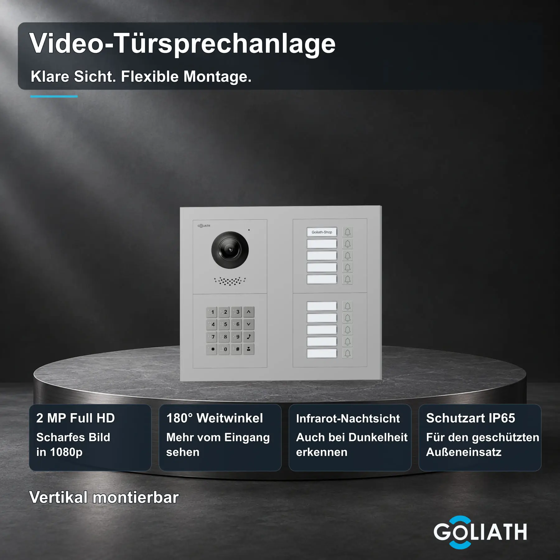Goliath Premium-Line-Außenstation in Silber mit Kamera, 10 Klingeltasten und Zahlencode-Tastatur. Zwei aufrechte Modulspalten nebeneinander auf Naturstein.