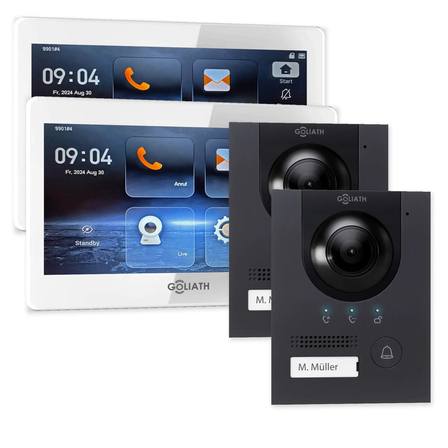 Goliath IP-Set mit zwei anthrazitfarbenen Kompakt-Außenstationen und 2 weißen 7-Zoll-Innenmonitoren.
