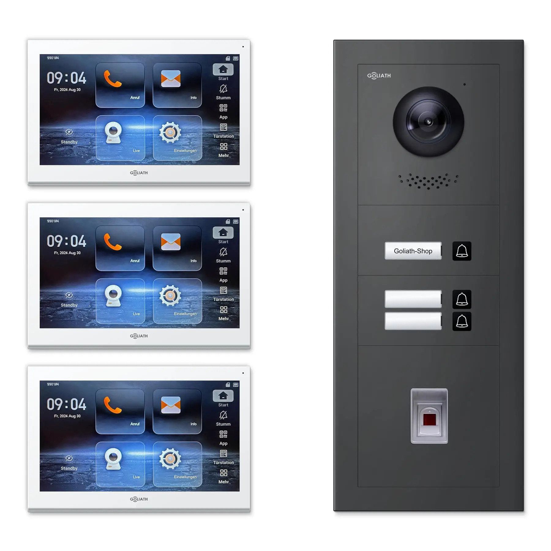 Goliath Video Türsprechanlage GL-IPH330A.2 für 3-Familienhaus: 3 Monitore mit 10 Zoll in Weiß, Außenstation in Anthrazit mit 3 Klingeltasten sowie Fingerprint. Set für Aufputzmontage.