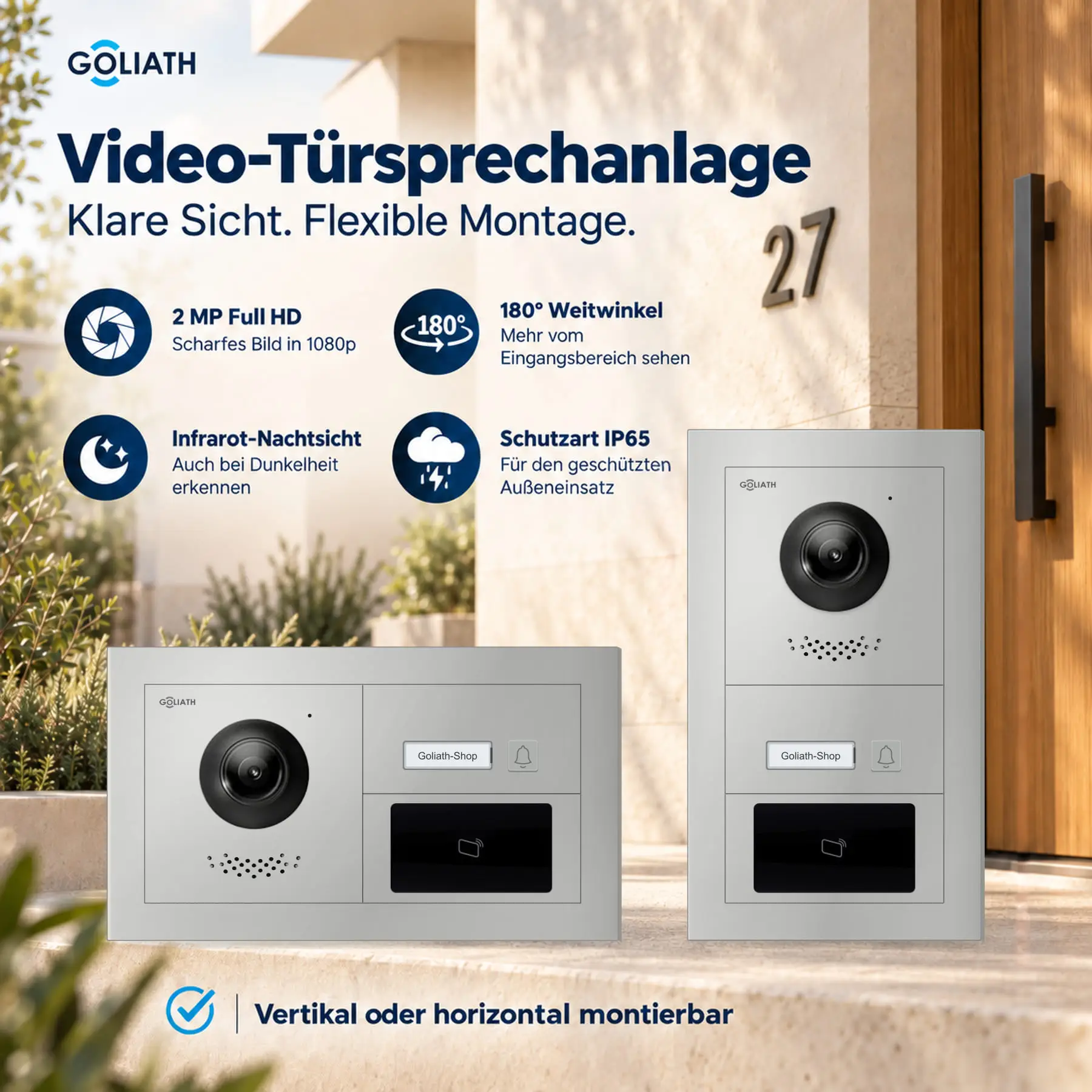 Goliath Premium-Line-Außenstation in Silber mit Kamera, 1 Klingeltaste und RFID-Leser. Senkrechte und waagerechte Anordnung auf Naturstein.
