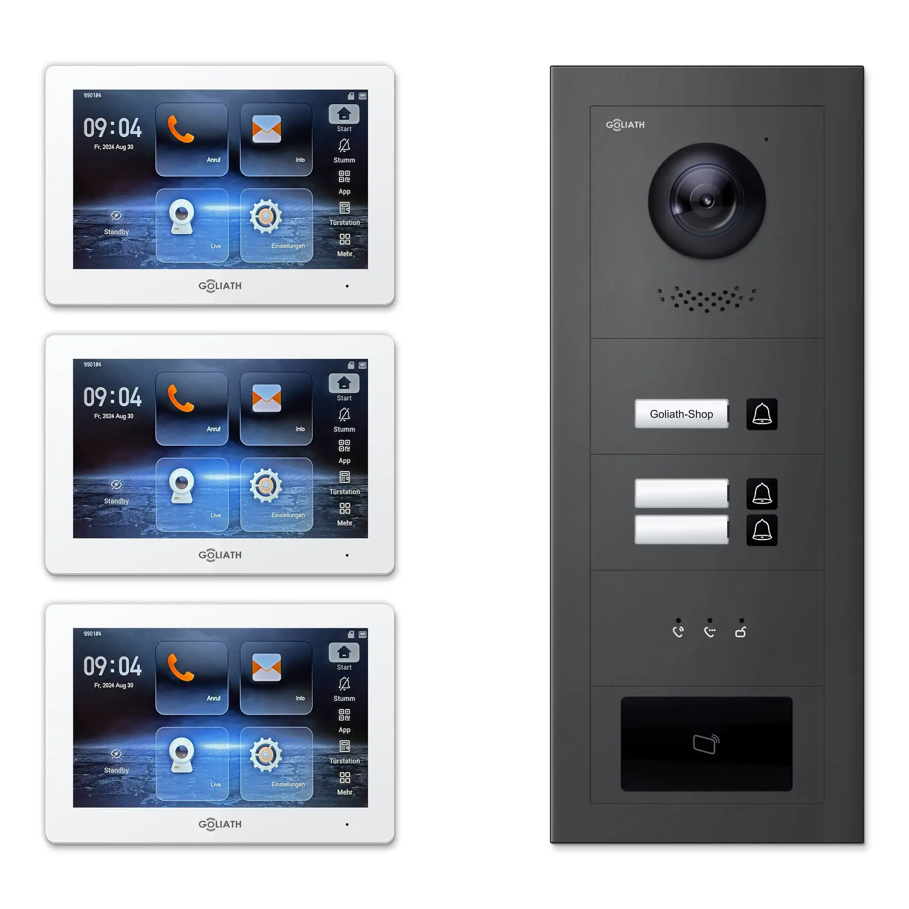 Goliath Türsprechanlage mit Kamera GL-HB310A für 3-Familienhaus: 3 Monitore mit 7 Zoll in Weiß, Außenstation in Anthrazit mit 3 Klingeltasten sowie Statusanzeige, RFID. Set für Unterputzmontage.