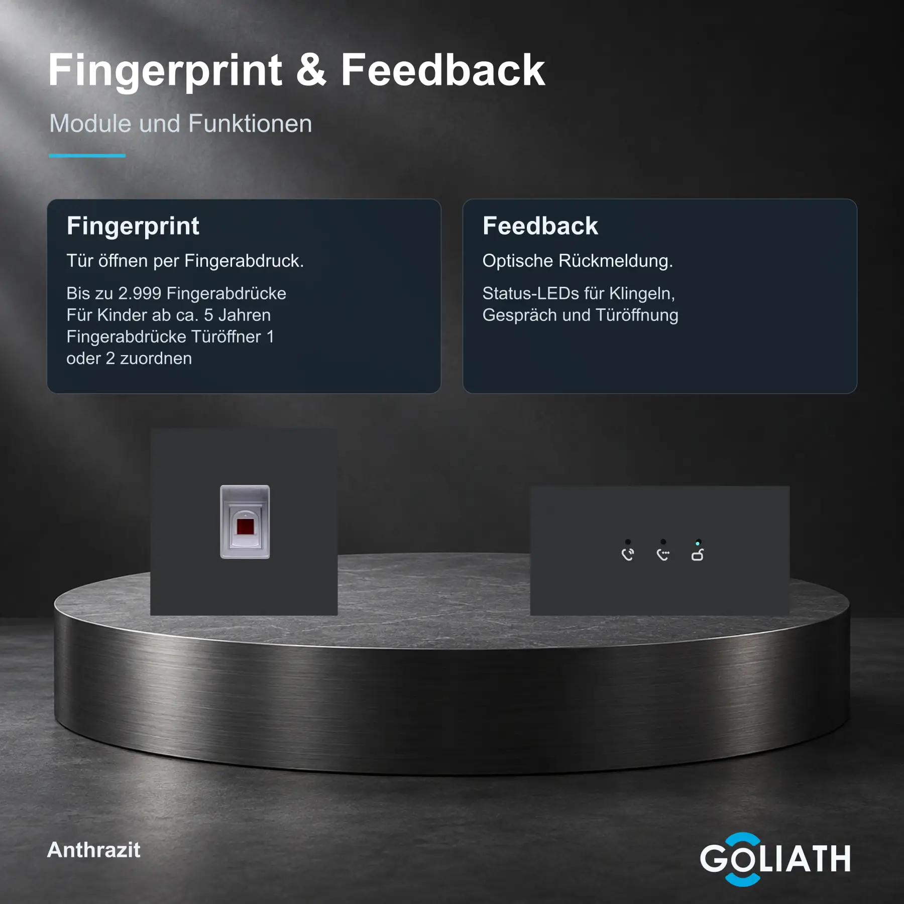 Fingerprint-Modul und Feedback-Anzeige für die Goliath Türsprechanlage in Anthrazit: Türöffnung per Fingerabdruck und optische Rückmeldung zu Klingeln, Gespräch und Türöffnung.