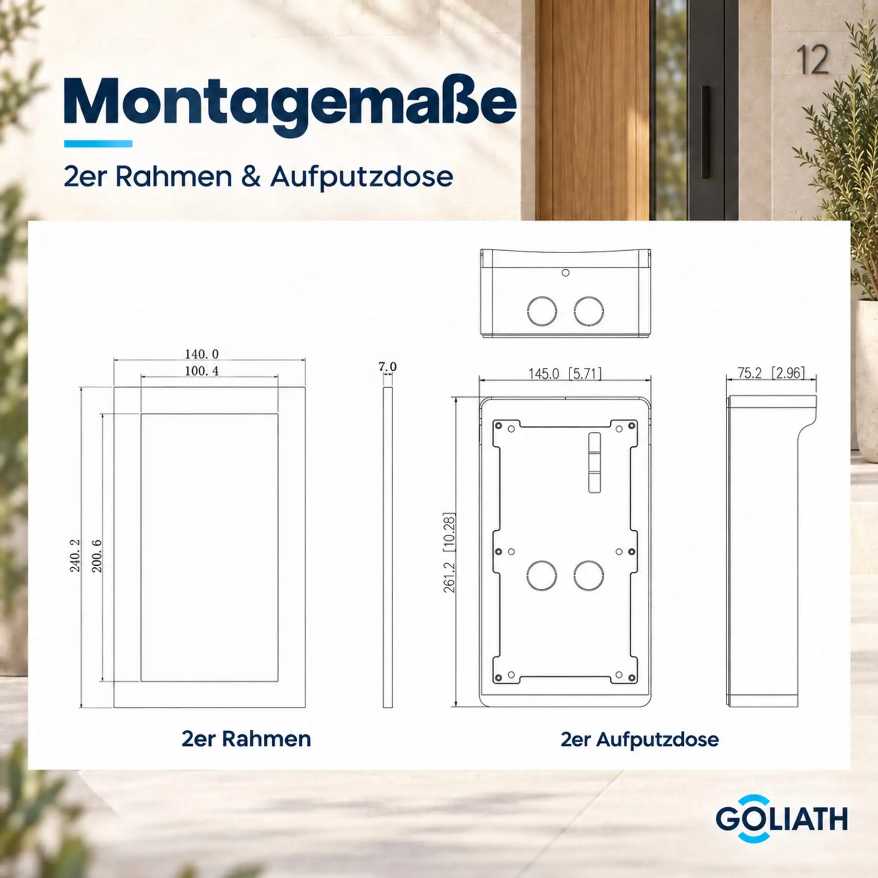 Technische Zeichnung mit Abmessungen und Befestigungsabständen für 2er-Rahmen mit Aufputzgehäuse.