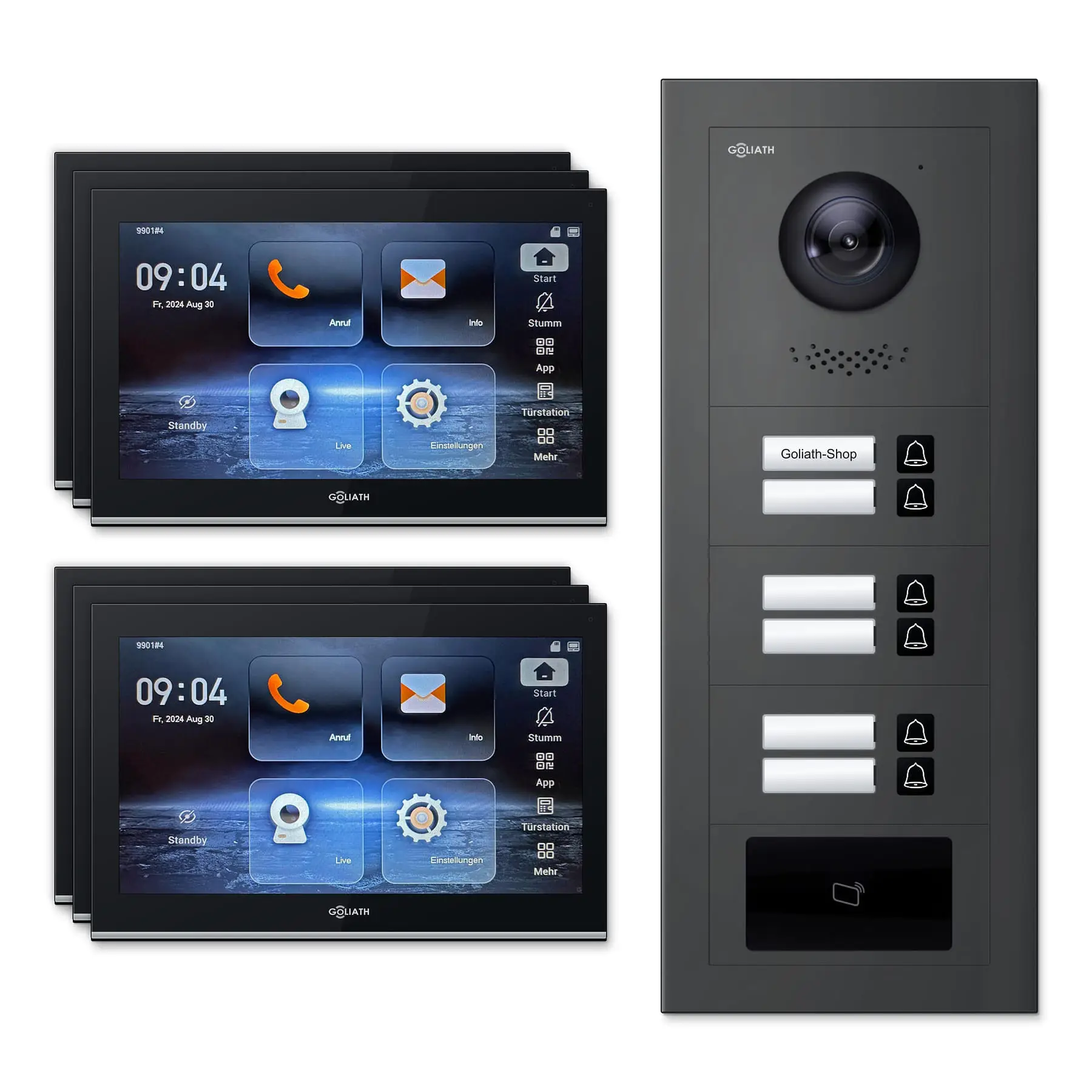 Goliath Video Türsprechanlage GL-IPH610A.3 für 6-Familienhaus: 6 Monitore mit 10 Zoll in Schwarz, Außenstation in Anthrazit mit 6 Klingeltasten sowie RFID. Set für Aufputzmontage.