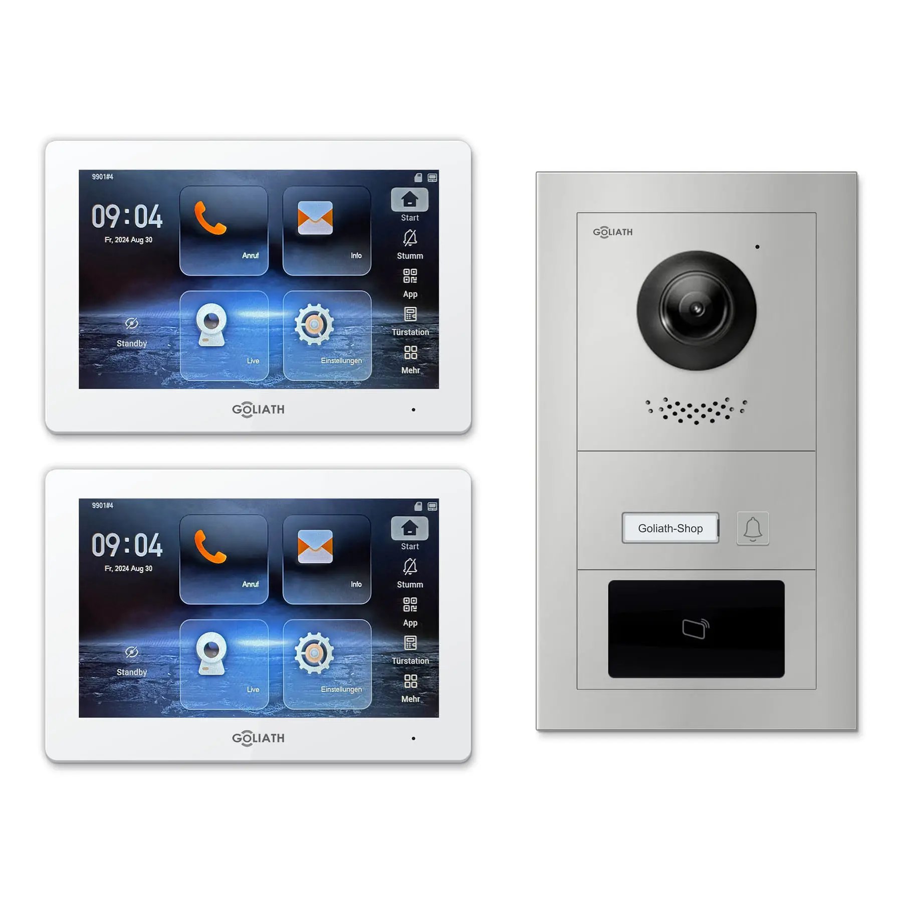 Goliath Türsprechanlage mit Kamera GL-HB111.1 für 1-Familienhaus: 2 Monitore mit 7 Zoll in Weiß, Außenstation in Silber mit 1 Klingeltaste sowie RFID. Set für Aufputzmontage.