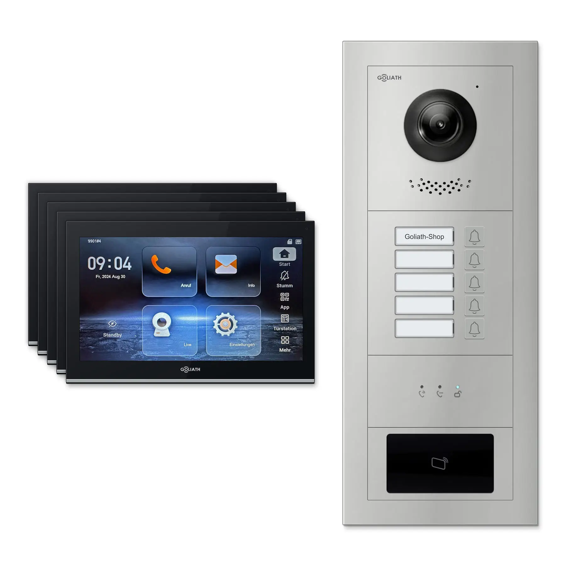 Goliath Video Türsprechanlage GL-IPH510.2 für 5-Familienhaus: 5 Monitore mit 10 Zoll in Schwarz, Außenstation in Silber mit 5 Klingeltasten sowie Statusanzeige, RFID. Set für Unterputzmontage.